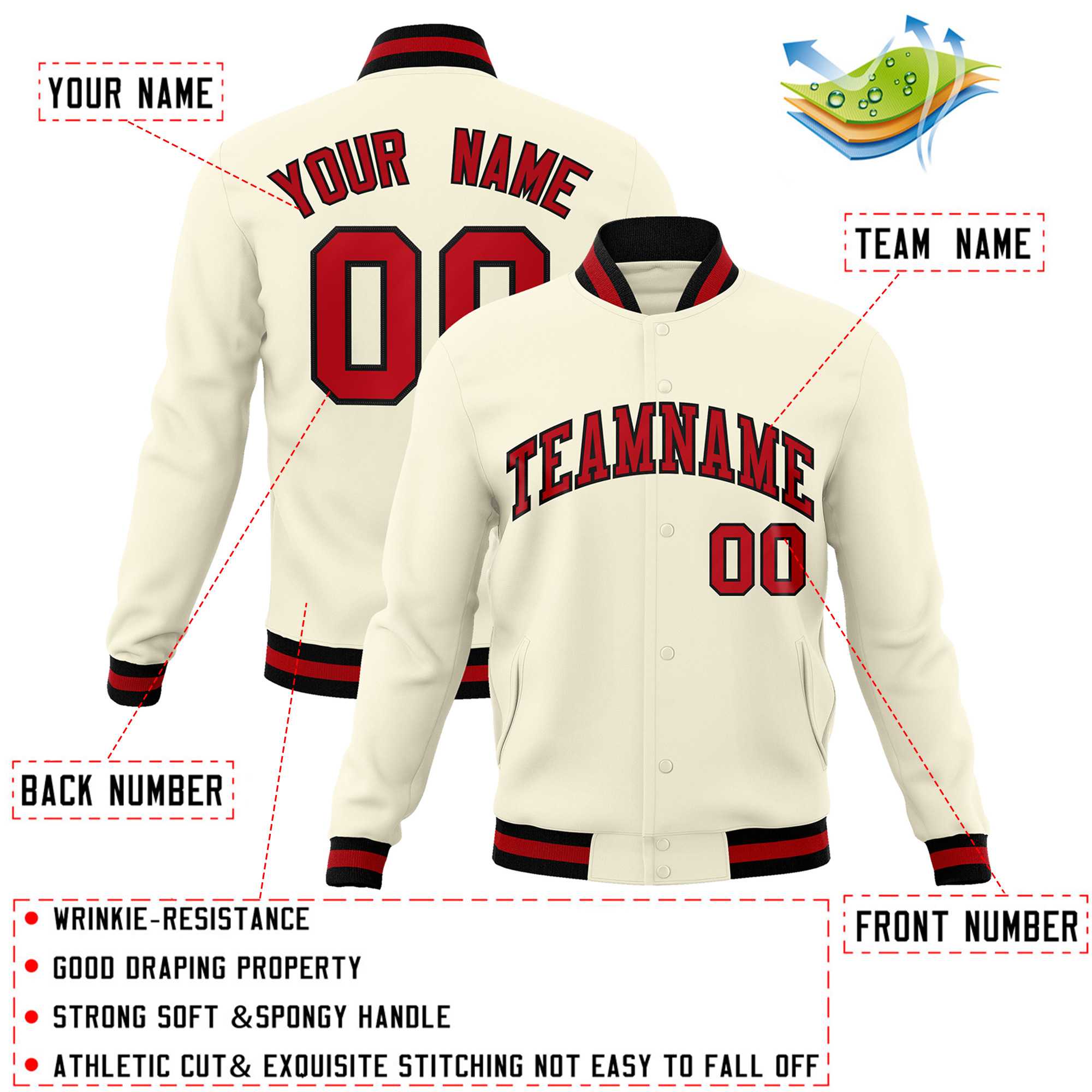 Custom Khaki Red-Black Classic Style Varsity Full-Snap Letterman Jacket