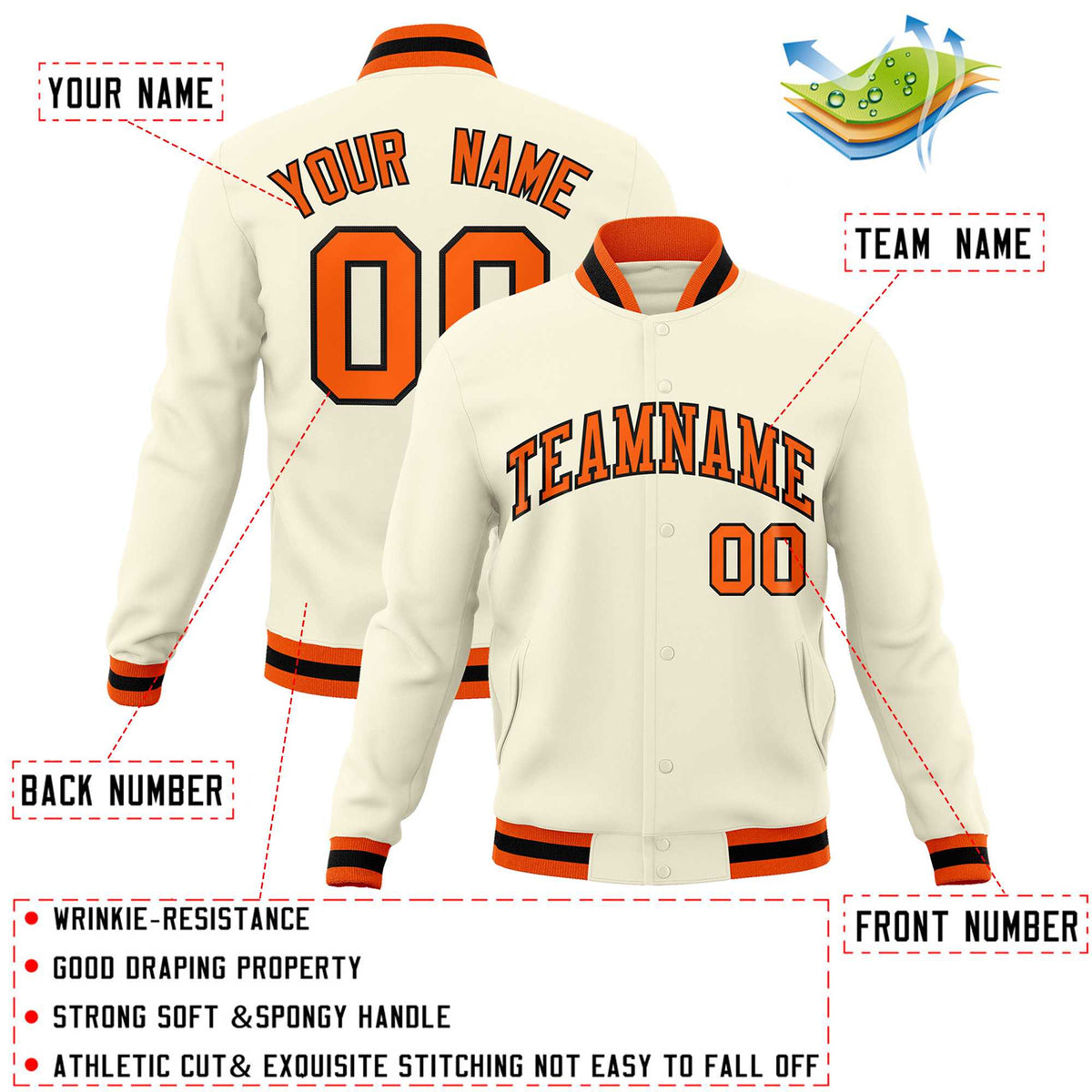 Custom Khaki Orange-Black Classic Style Varsity Full-Snap Letterman Jacket