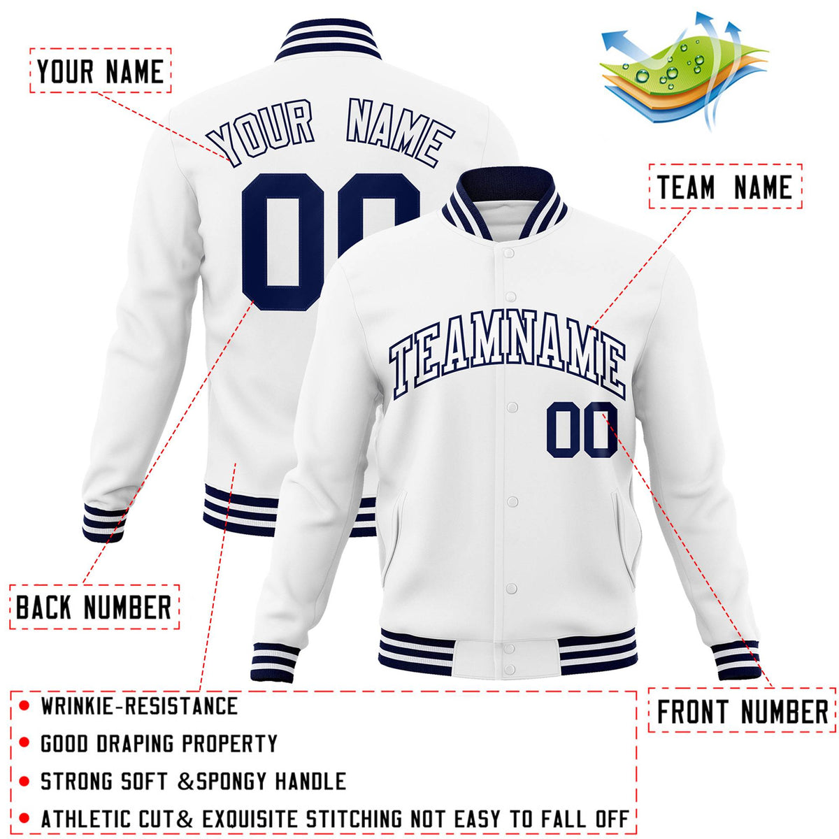 Custom White White-Navy Classic Style Varsity Full-Snap Letterman Jacket