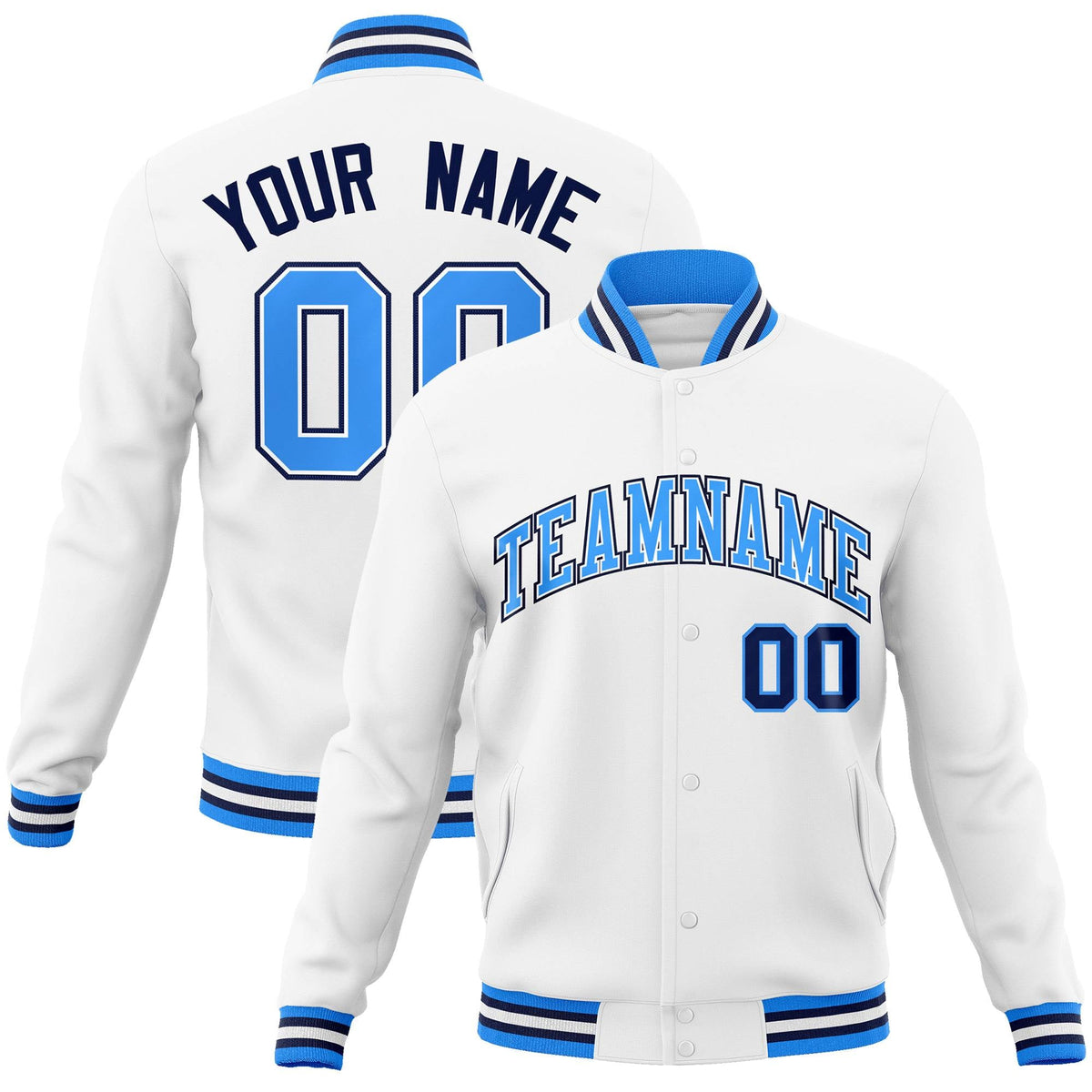 Custom White Powder Blue-White Classic Style Varsity Full-Snap Letterman Jacket