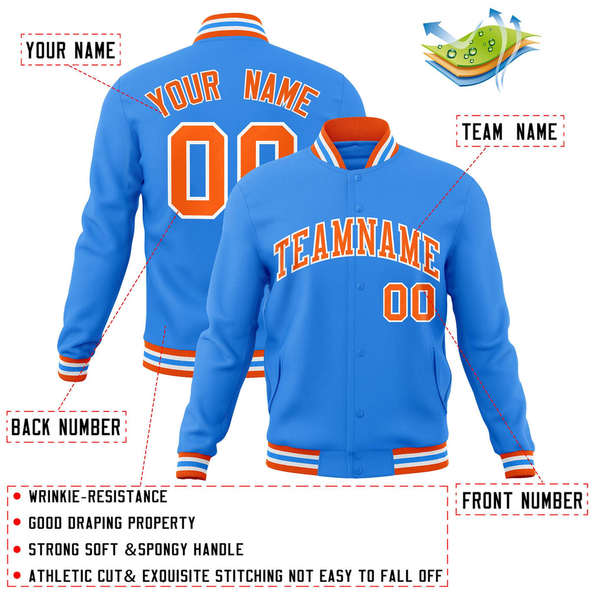 Custom Powder Blue Orange-White Classic Style Varsity Full-Snap Letterman Jacket