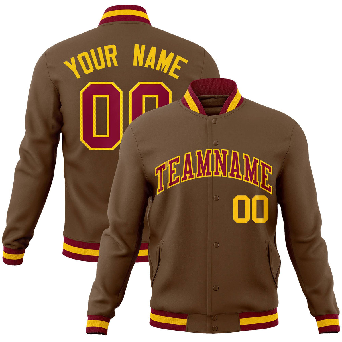 Custom Light Brown Crimson-Gold Classic Style Varsity Full-Snap Letterman Jacket