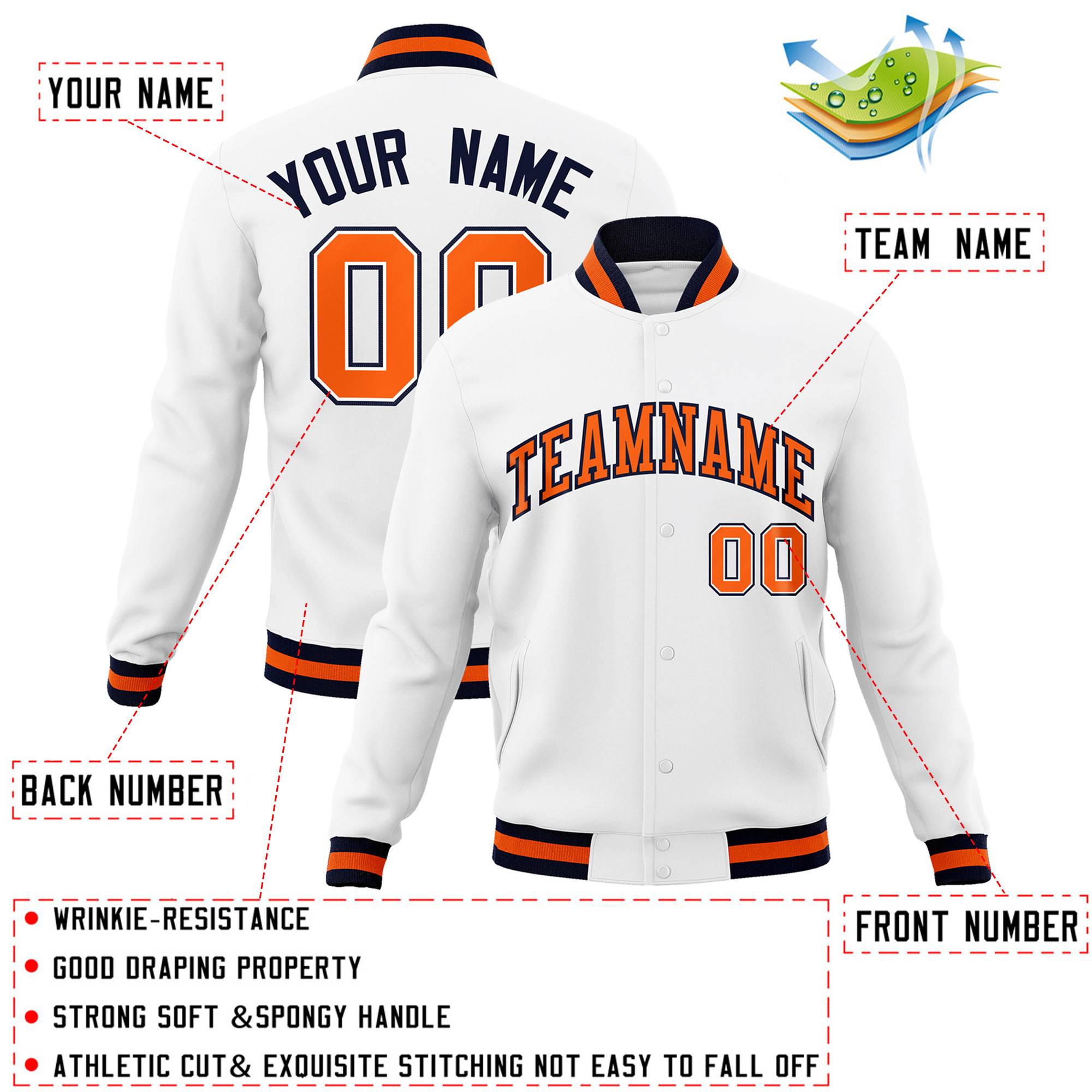 Custom White Orange-Navy Classic Style Varsity Full-Snap Letterman Jacket