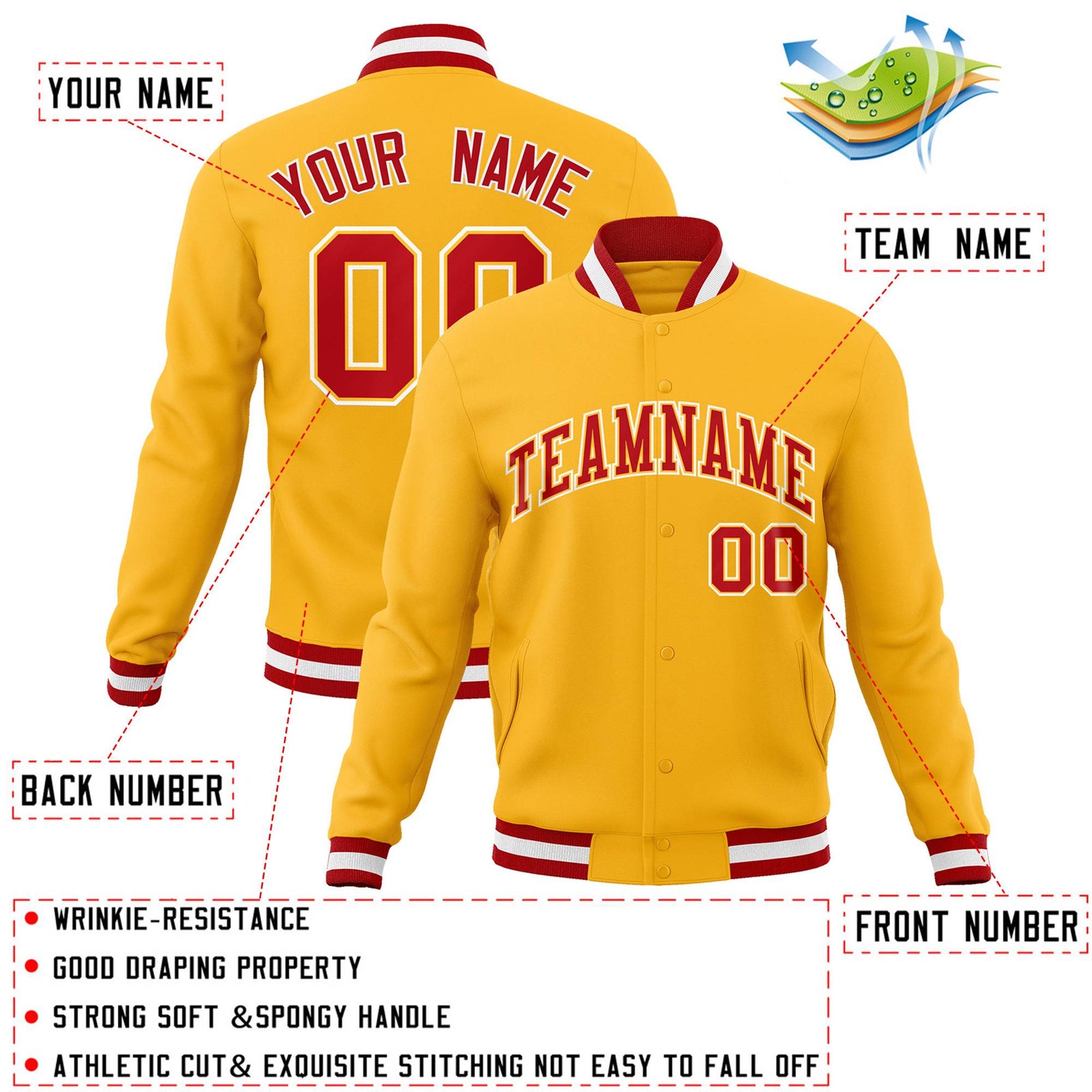 Custom Gold Red-Gold Classic Style Varsity Full-Snap Letterman Jacket