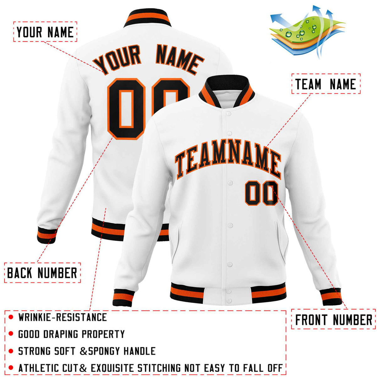 Custom White Black-Orange Classic Style Varsity Full-Snap Letterman Jacket