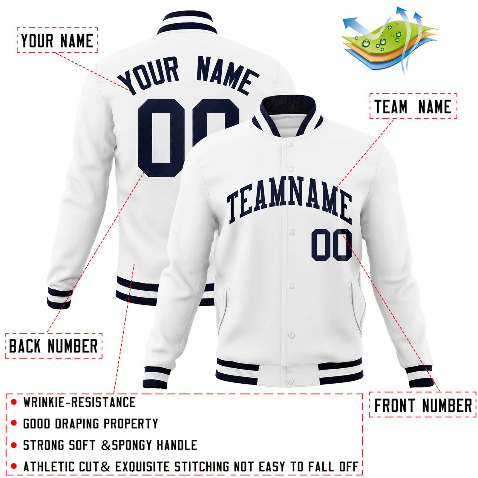 Custom White Navy Classic Style Varsity Full-Snap Letterman Jacket