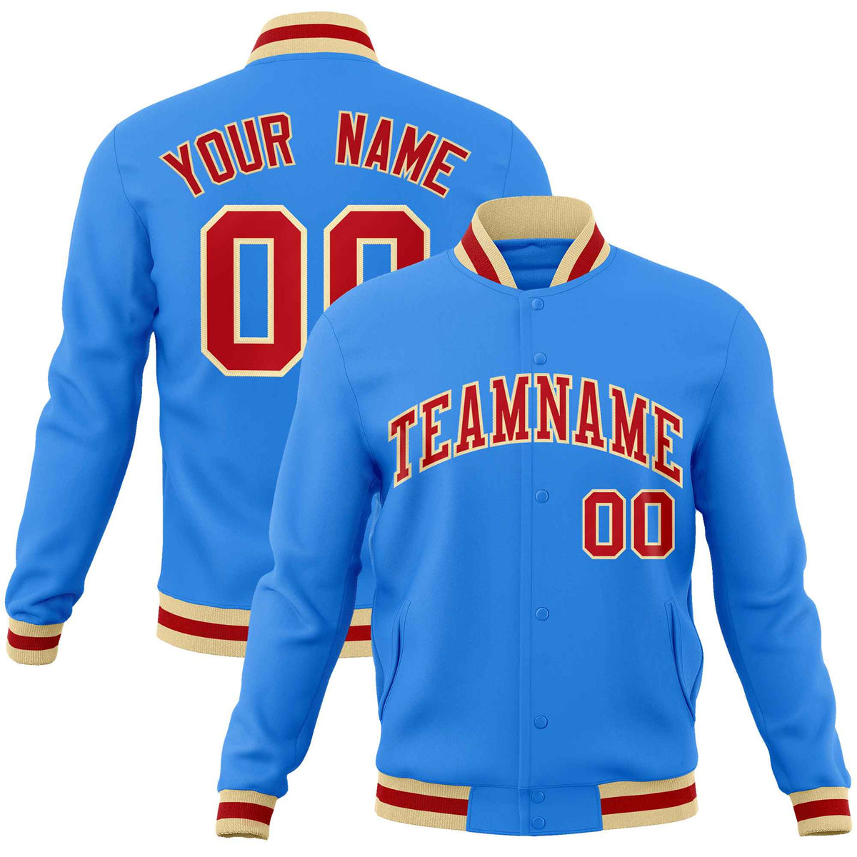 Custom Powder Blue Red-Khaki Classic Style Varsity Full-Snap Letterman Jacket