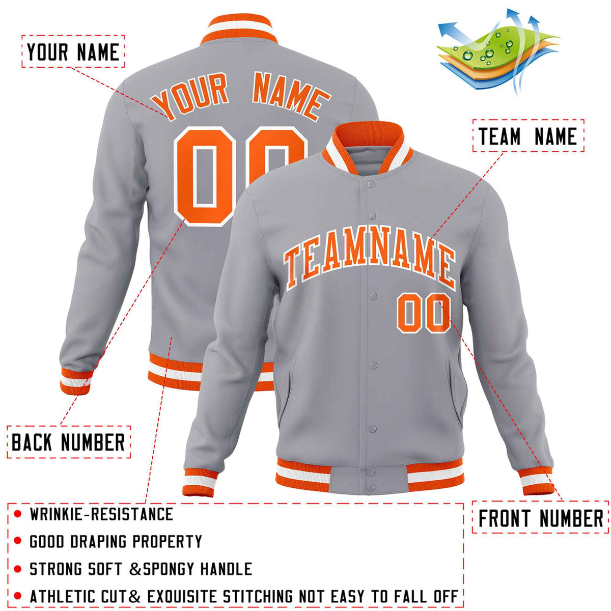 Custom Gray Orange-White Classic Style Varsity Full-Snap Letterman Jacket