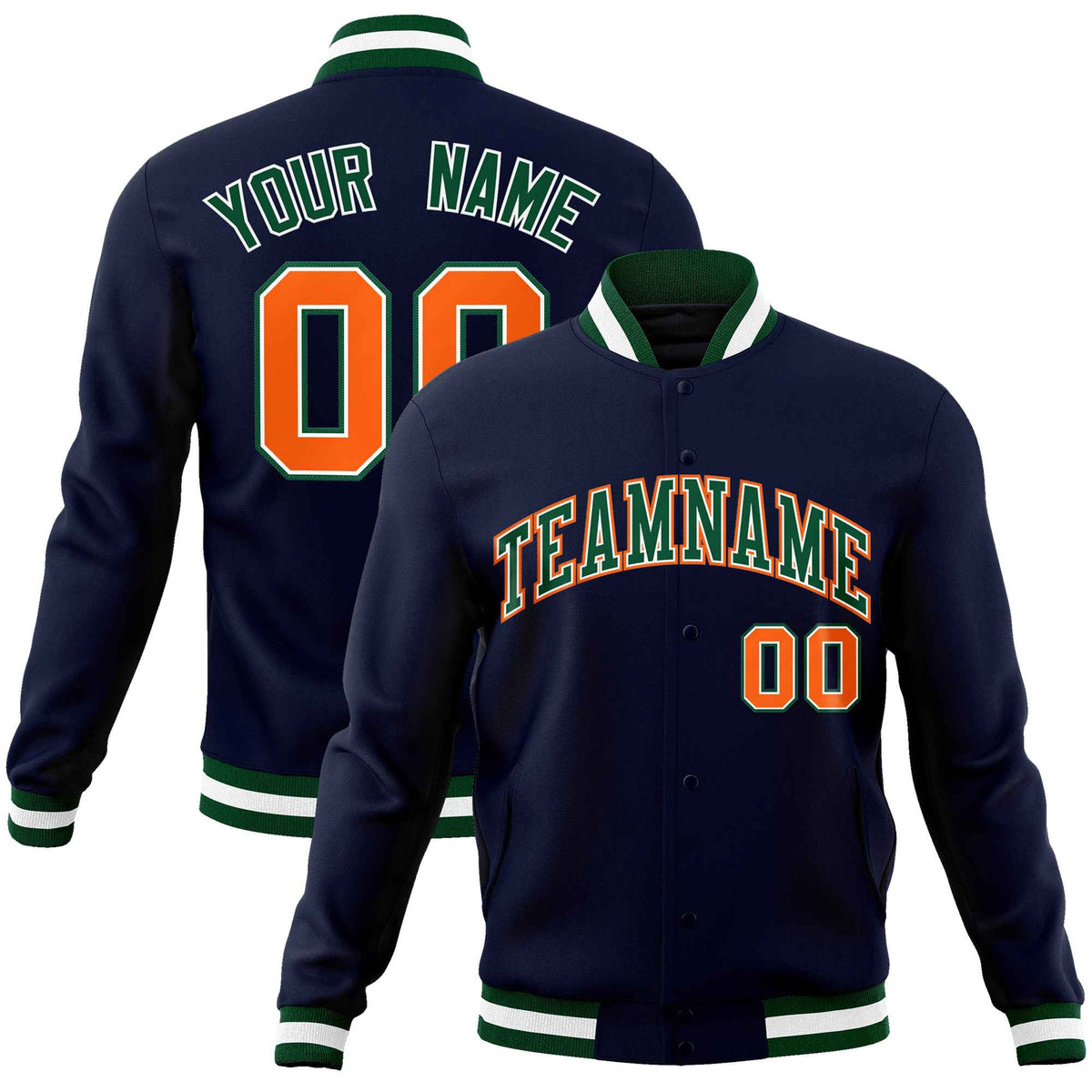 Custom Navy Green-Orange Classic Style Varsity Full-Snap Letterman Jacket
