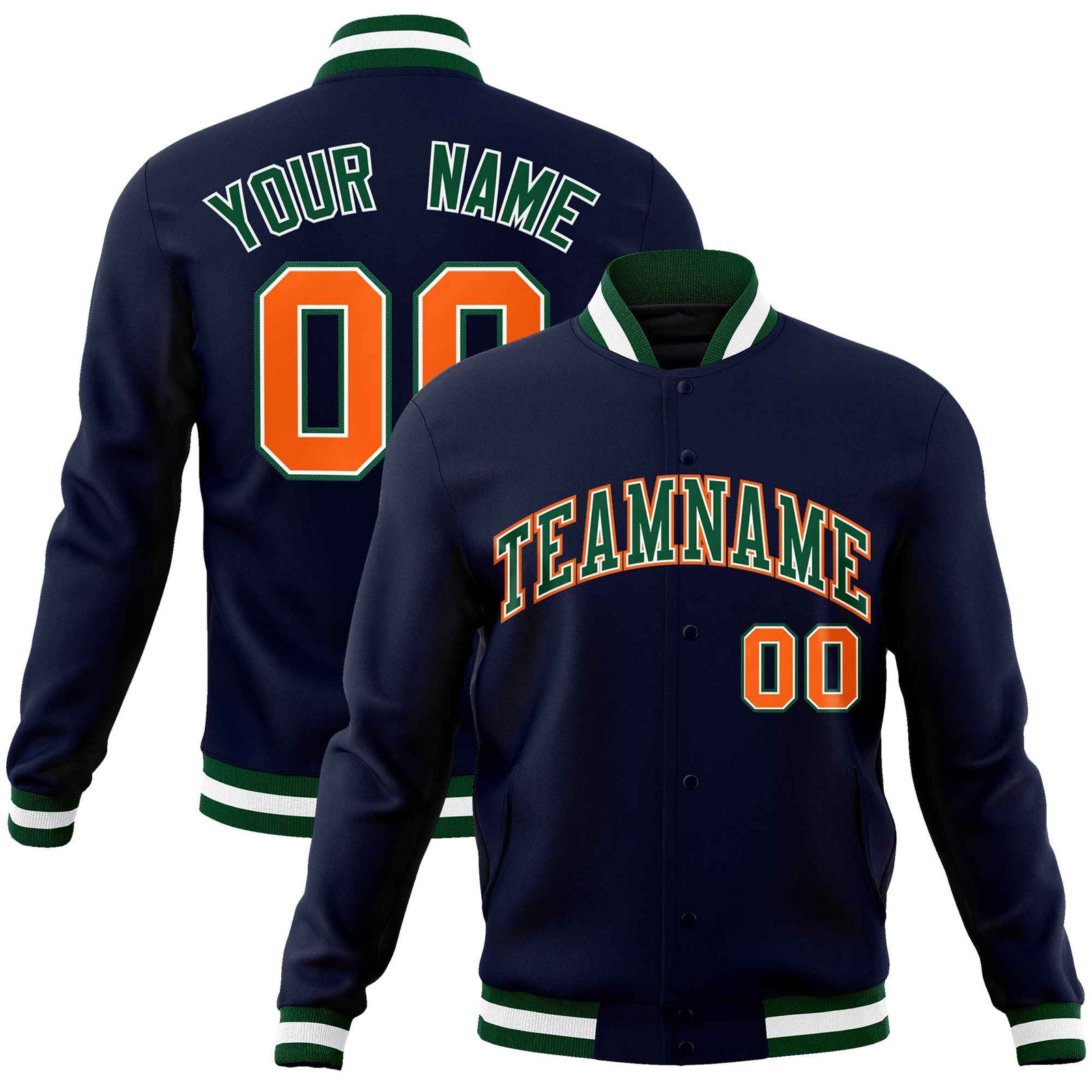 Custom Navy Green-Orange Classic Style Varsity Full-Snap Letterman Jacket