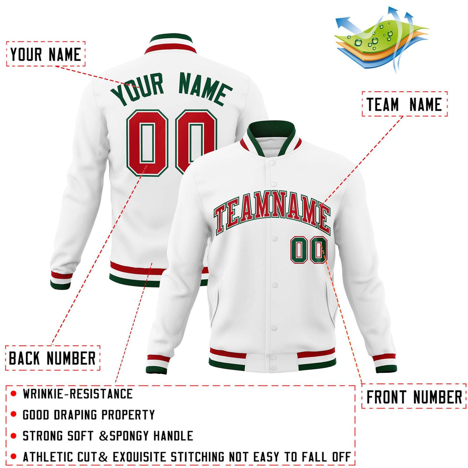 Custom White Red-Green Classic Style Varsity Full-Snap Letterman Jacket