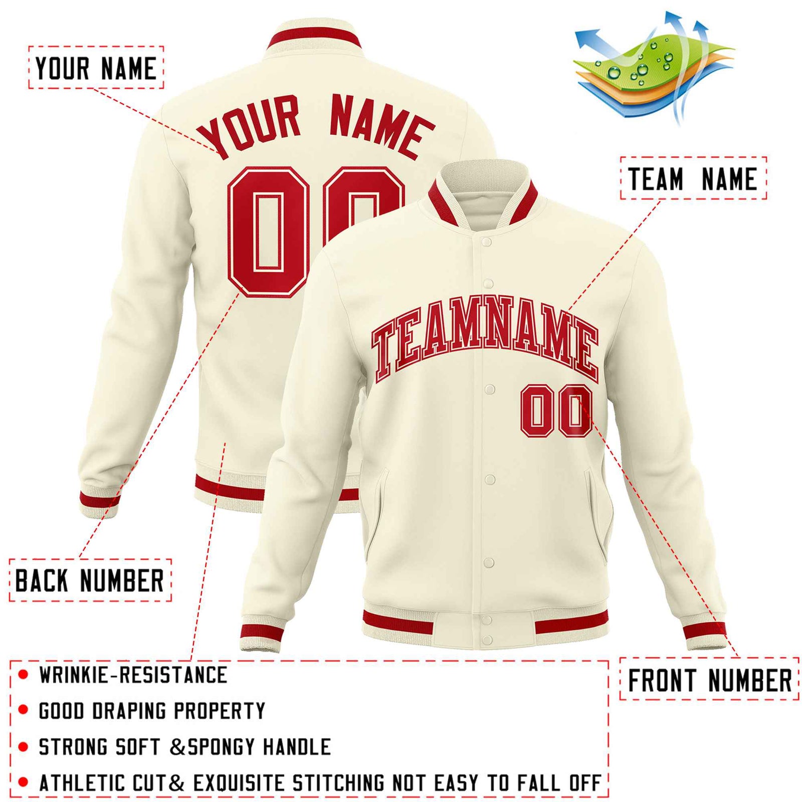 Custom Khaki Red-Red Classic Style Varsity Full-Snap Letterman Jacket