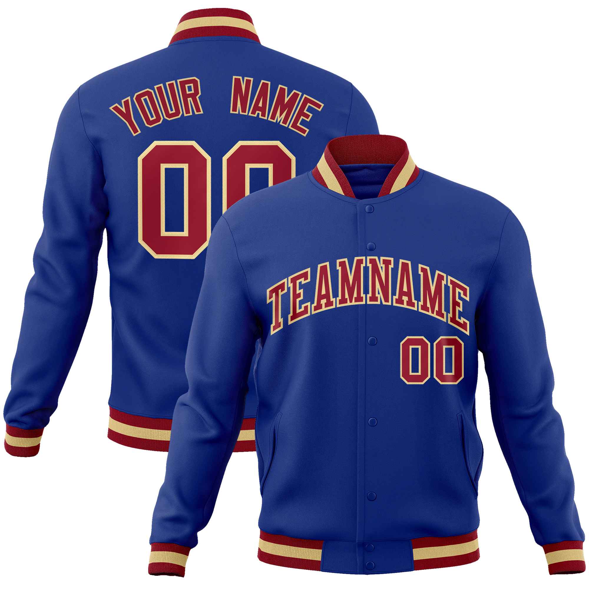 Custom Royal Crimson-Khaki Classic Style Varsity Full-Snap Letterman Jacket