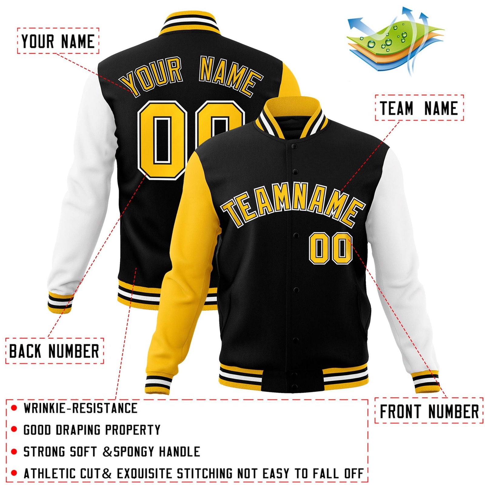 Custom Black Gold-Black Raglan Sleeves Varsity Full-Snap Letterman Jacket