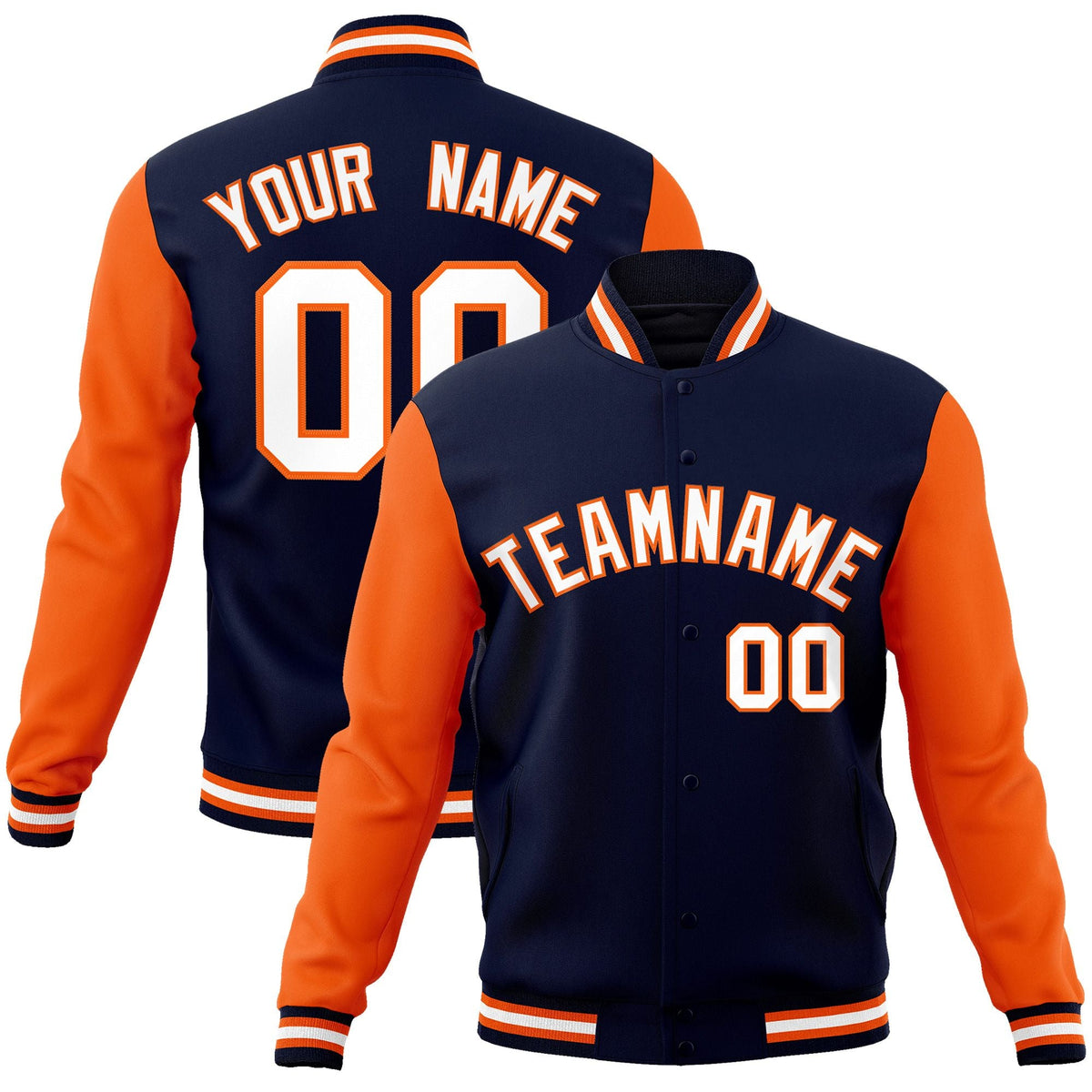 Custom Navy White-Orange Raglan Sleeves Varsity Full-Snap Letterman Jacket