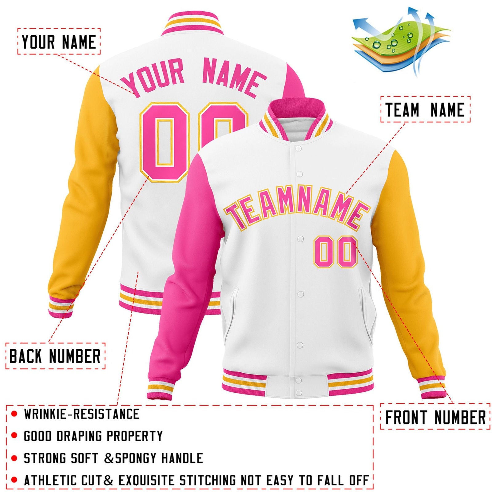 Custom White Pink-White Raglan Sleeves Varsity Full-Snap Letterman Jacket