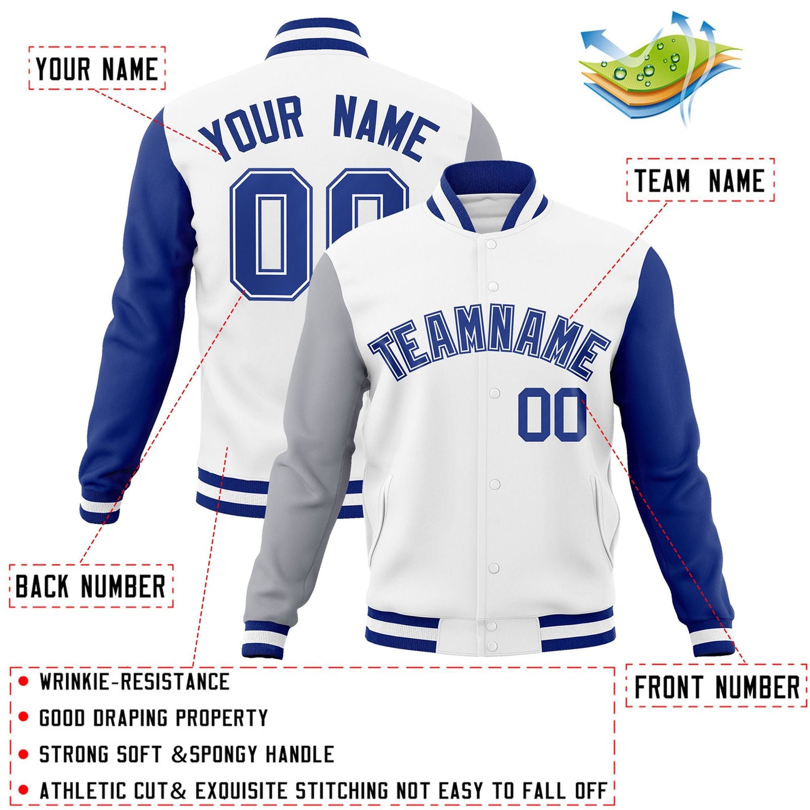 Custom White Royal-White Raglan Sleeves Varsity Full-Snap Letterman Jacket