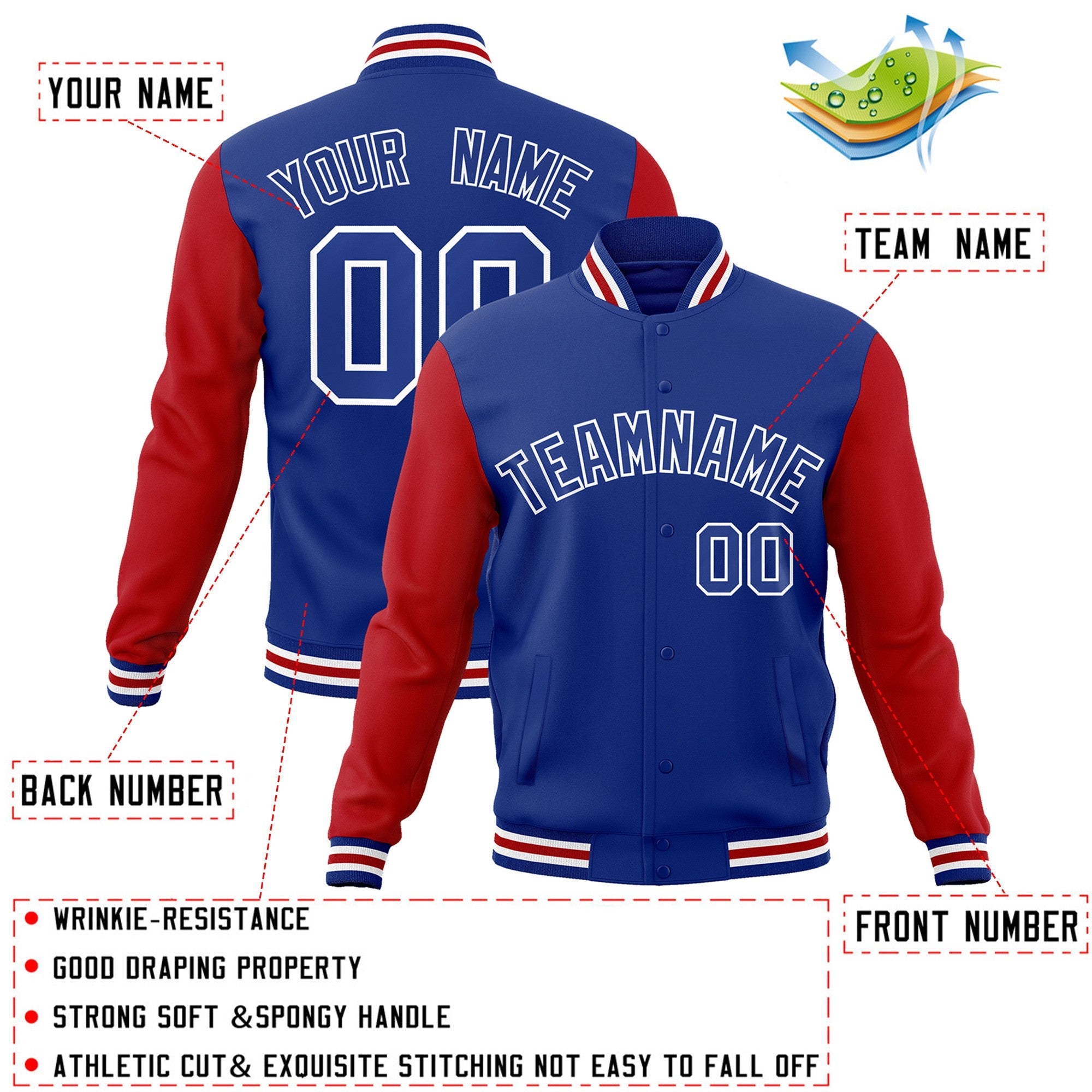 Custom Royal Royal-White Raglan Sleeves Varsity Full-Snap Letterman Jacket
