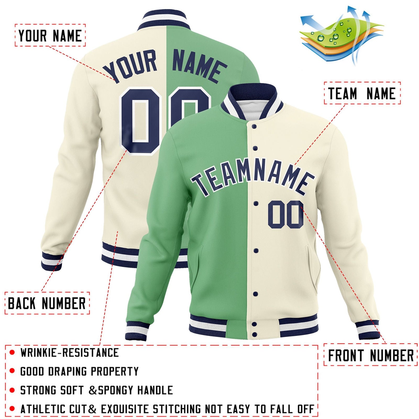 Custom Green Khaki-Navy Varsity Full-Snap Letterman Two Tone Split Fashion Jacket