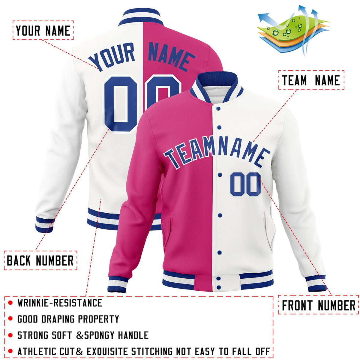 Custom Red White-Royal Varsity Full-Snap Letterman Two Tone Split Fashion Jacket