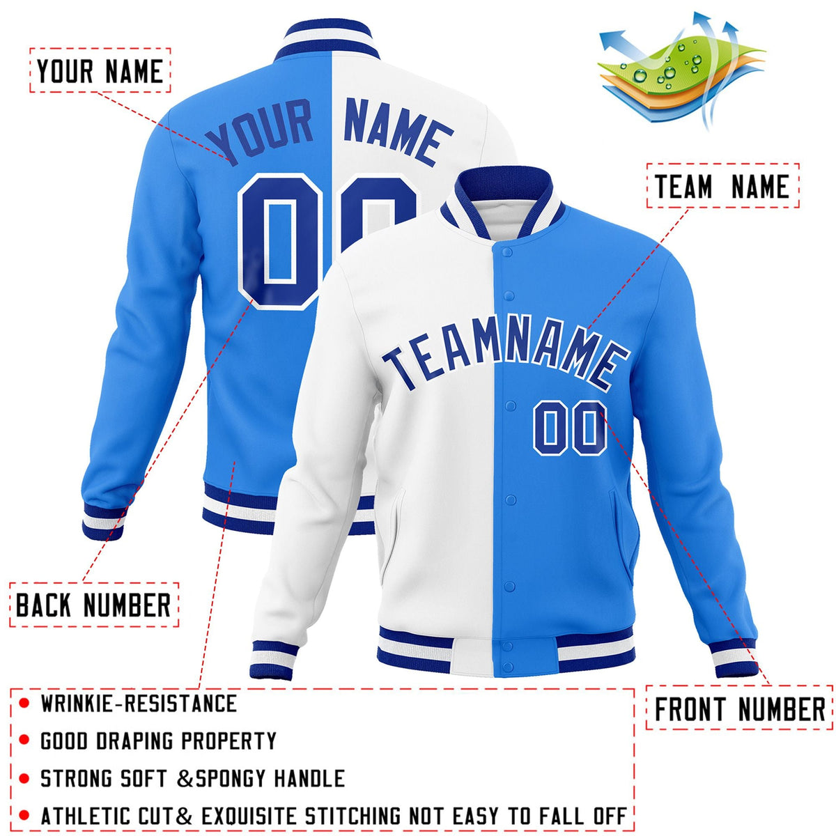 Custom White Powder Blue-Royal Letterman Two Tone Split Fashion Jacket