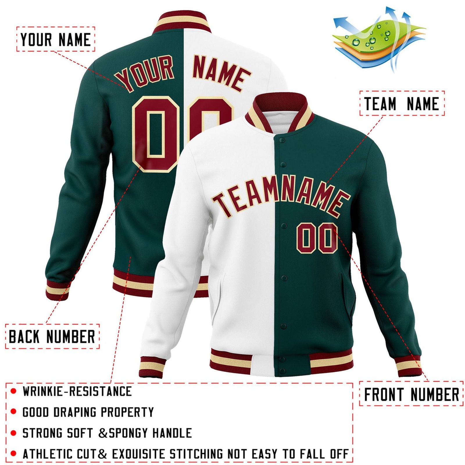 Custom White Midnight Green-Crimson Varsity Full-Snap Letterman Two Tone Split Fashion Jacket
