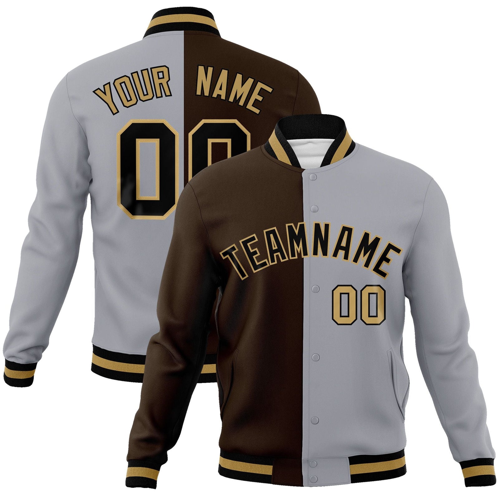 Custom Brown Gray-Black Varsity Full-Snap Letterman Two Tone Split Fashion Jacket