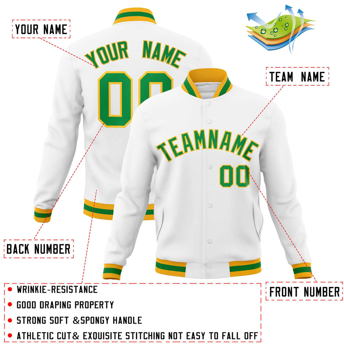 Custom White Kelly Green-Gold Classic Style Varsity Full-Snap Letterman Jacket