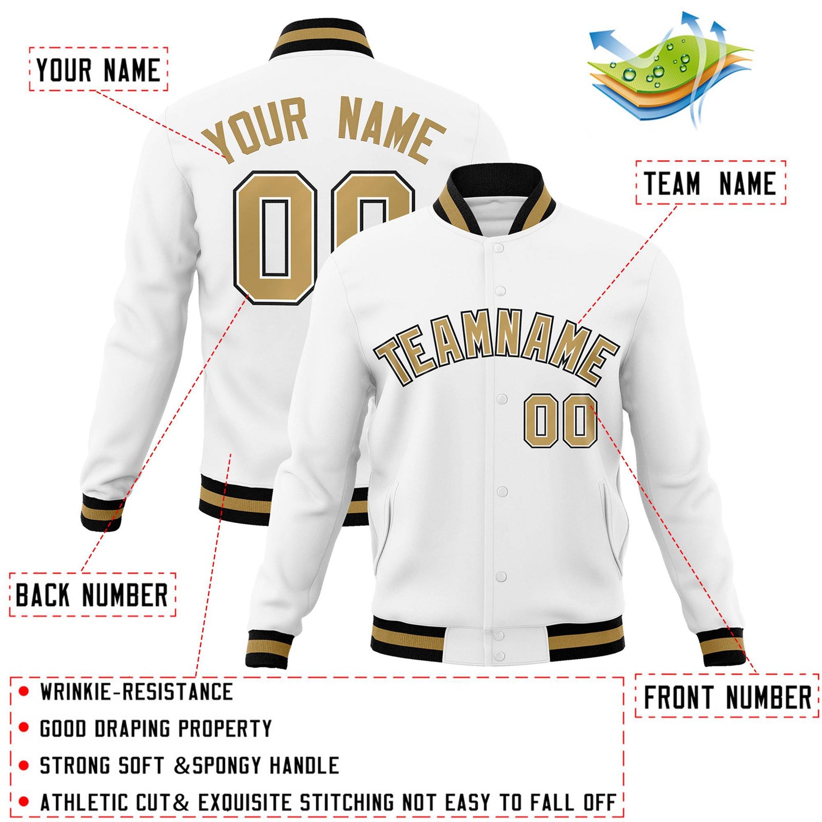 Custom White Old Gold-White Classic Style Varsity Full-Snap Letterman Jacket