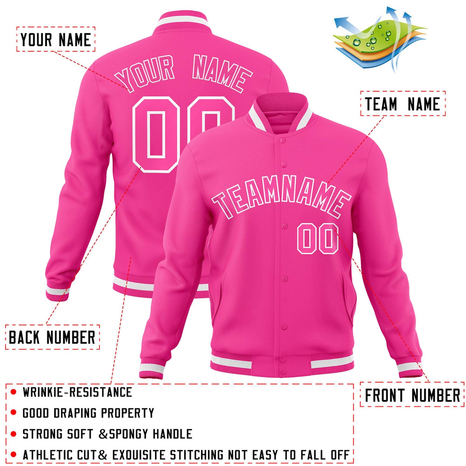 Custom Pink Pink-White Classic Style Varsity Full-Snap Letterman Jacket