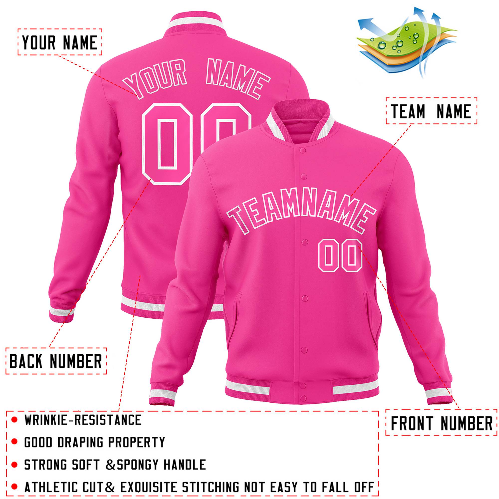 Custom Pink Pink-White Classic Style Varsity Full-Snap Letterman Jacket