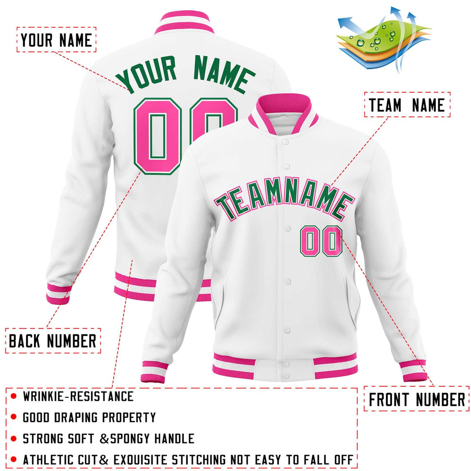 Custom White Kelly Green-Pink Classic Style Varsity Full-Snap Letterman Jacket