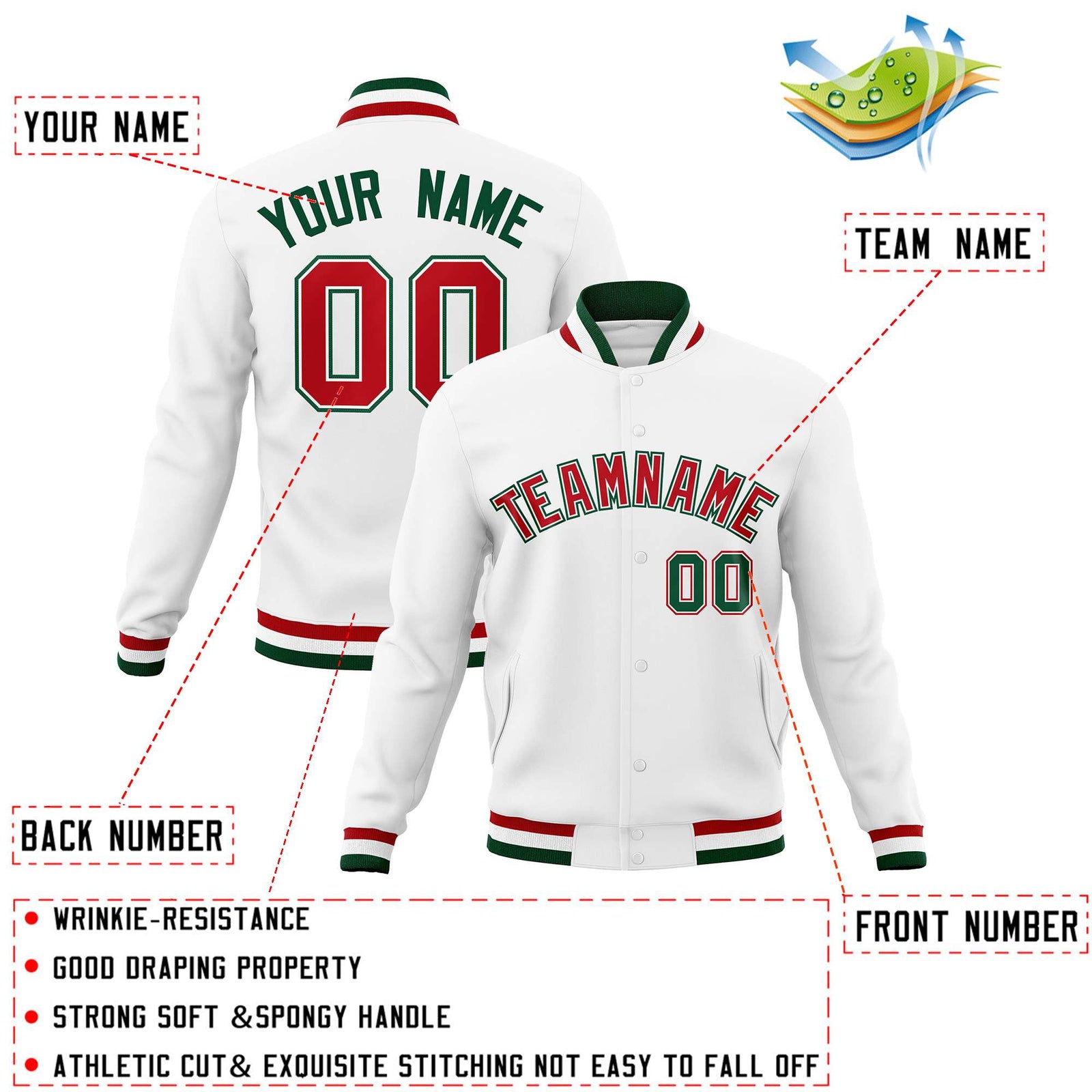 Custom White Red-Green Classic Style Varsity Full-Snap Letterman Jacket