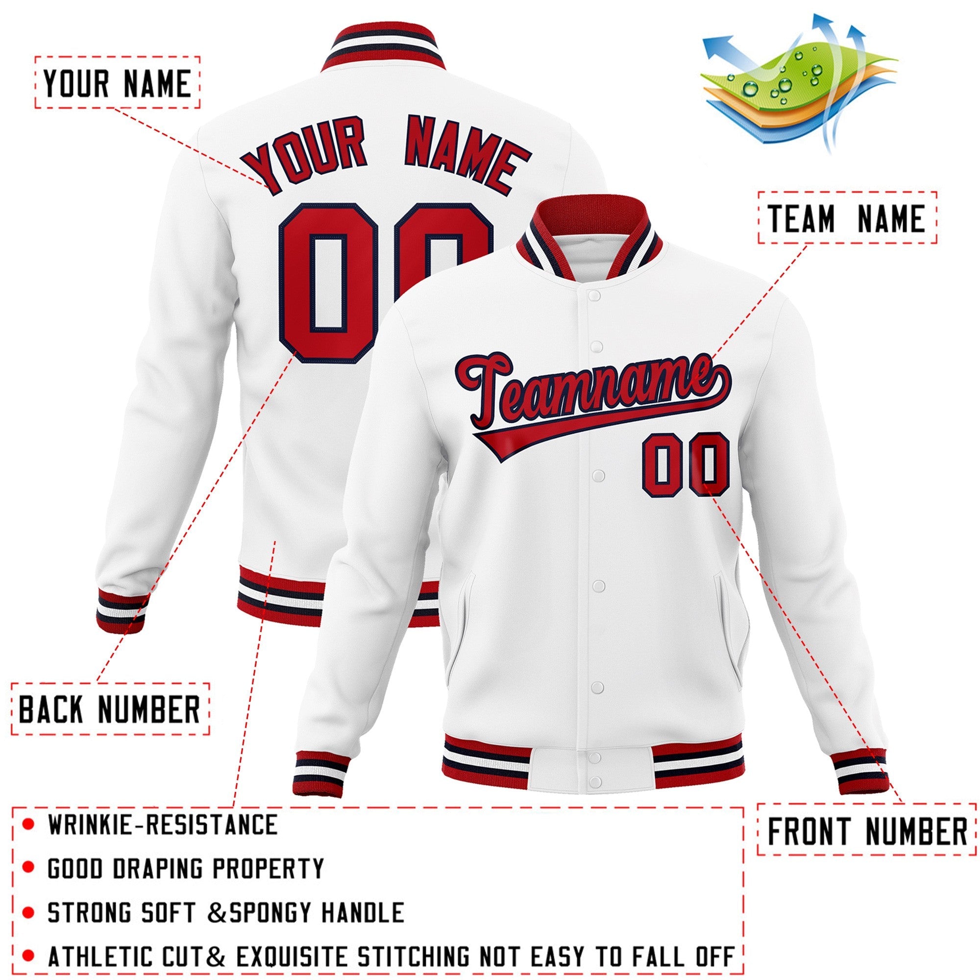 Custom White Red-Navy Classic Style Varsity Full-Snap Letterman Jacket