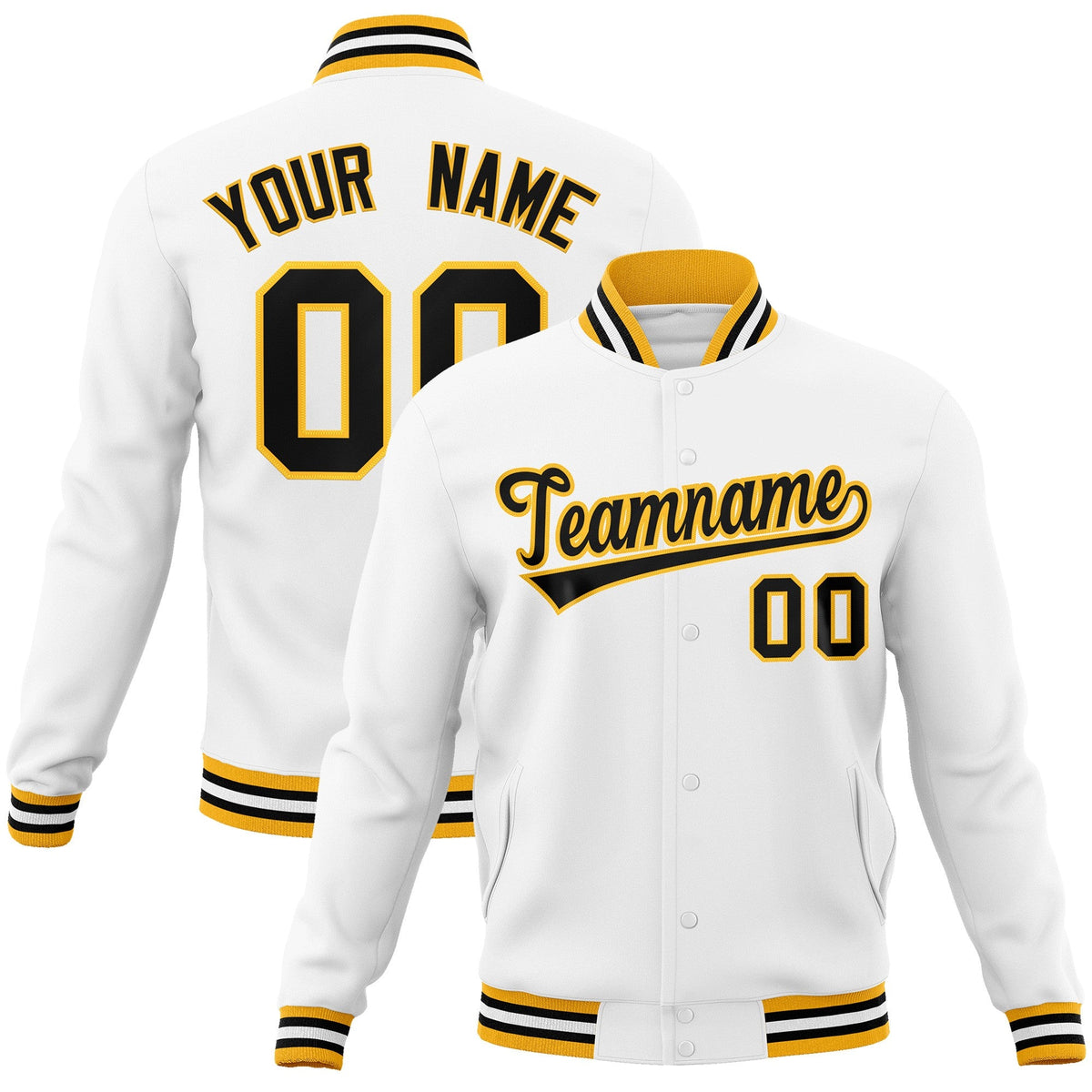 Custom White Black-Gold Classic Style Varsity Full-Snap Letterman Jacket