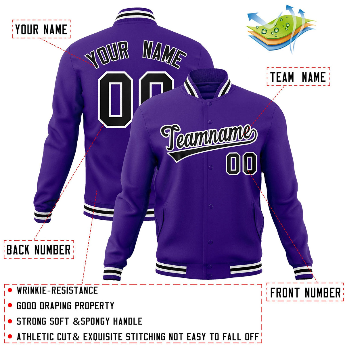 Custom Purple Black-White Classic Style Varsity Full-Snap Letterman Jacket