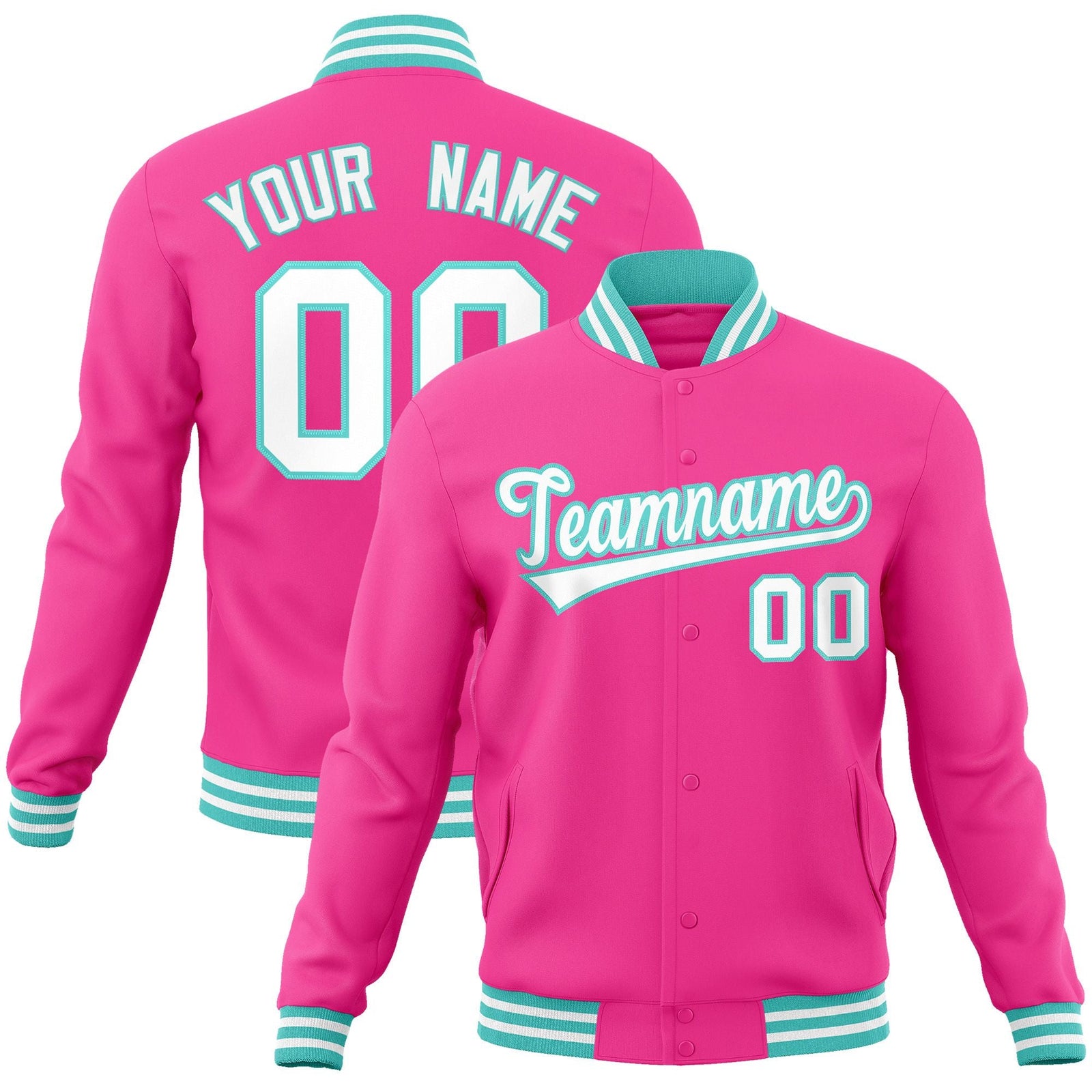 Custom Pink White-Aqua Classic Style Varsity Full-Snap Letterman Jacket