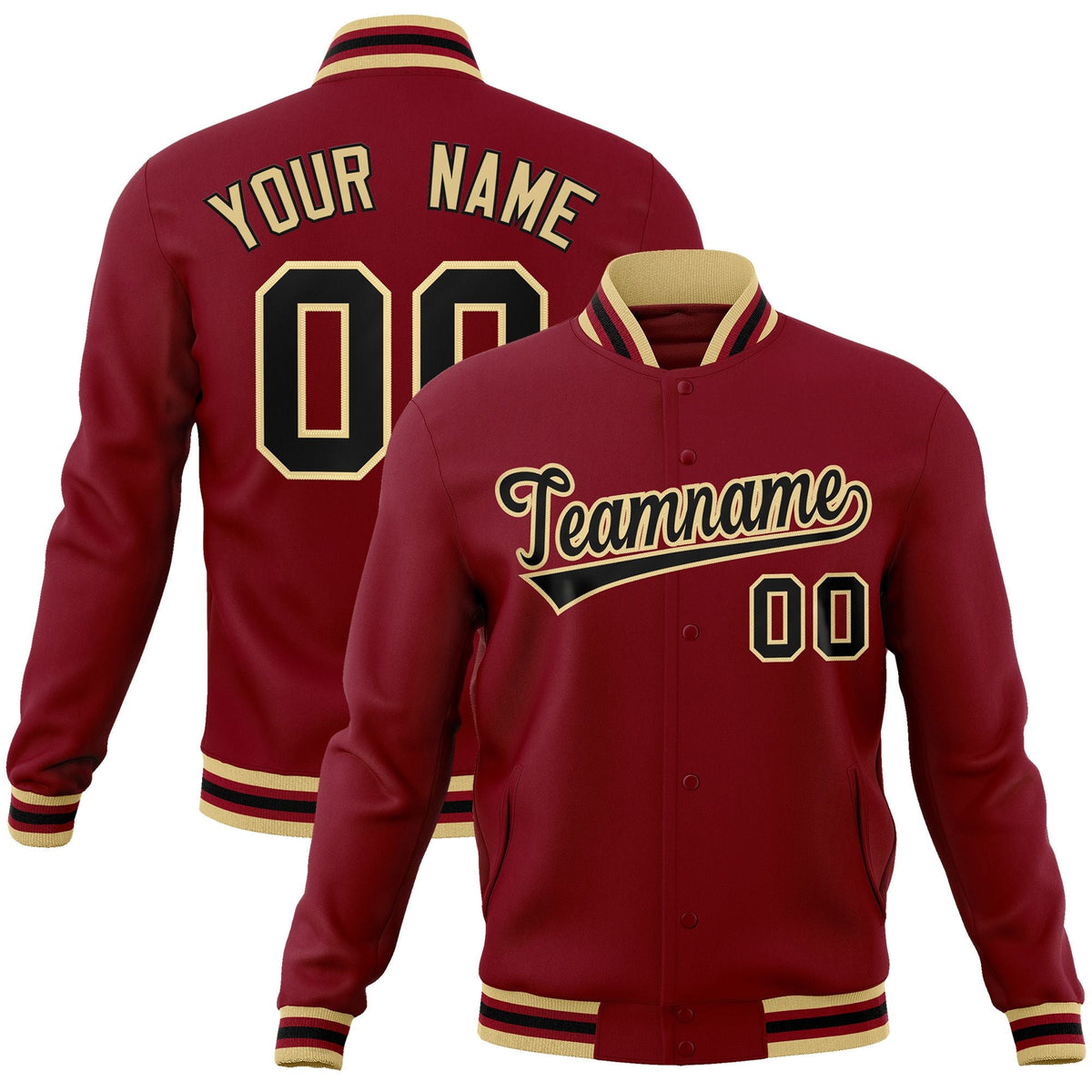 Custom Crimson Black-Khaki Classic Style Varsity Full-Snap Letterman Jacket