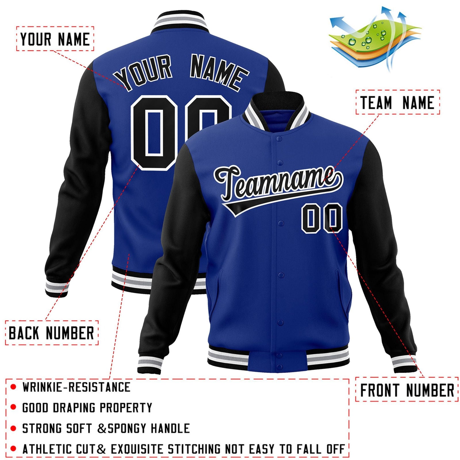 Custom Royal Black-White Raglan Sleeves Varsity Full-Snap Letterman Jacket