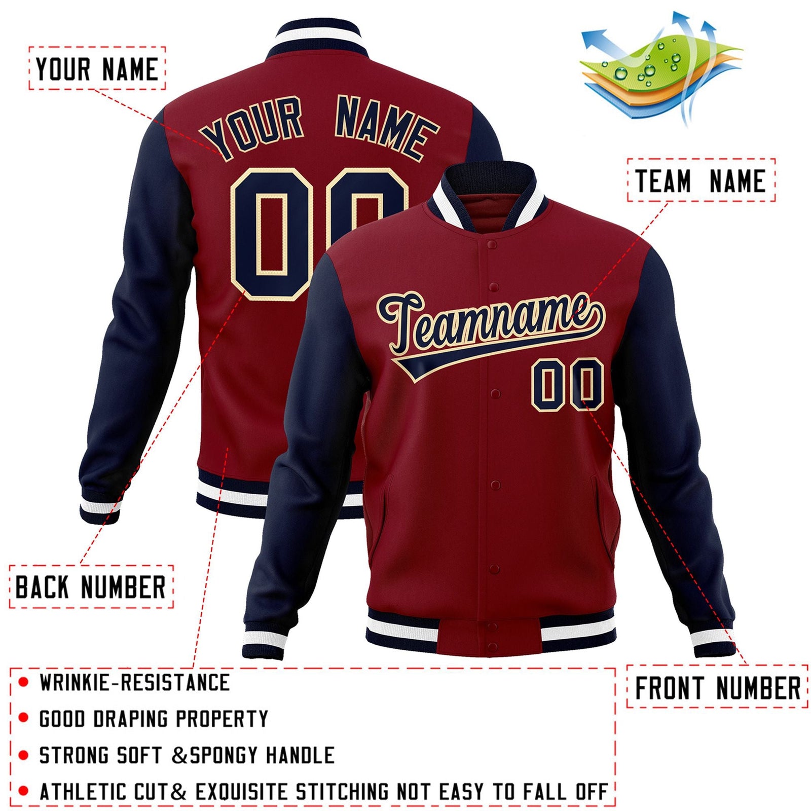 Custom Crimson Navy-Khaki Raglan Sleeves Varsity Full-Snap Letterman Jacket