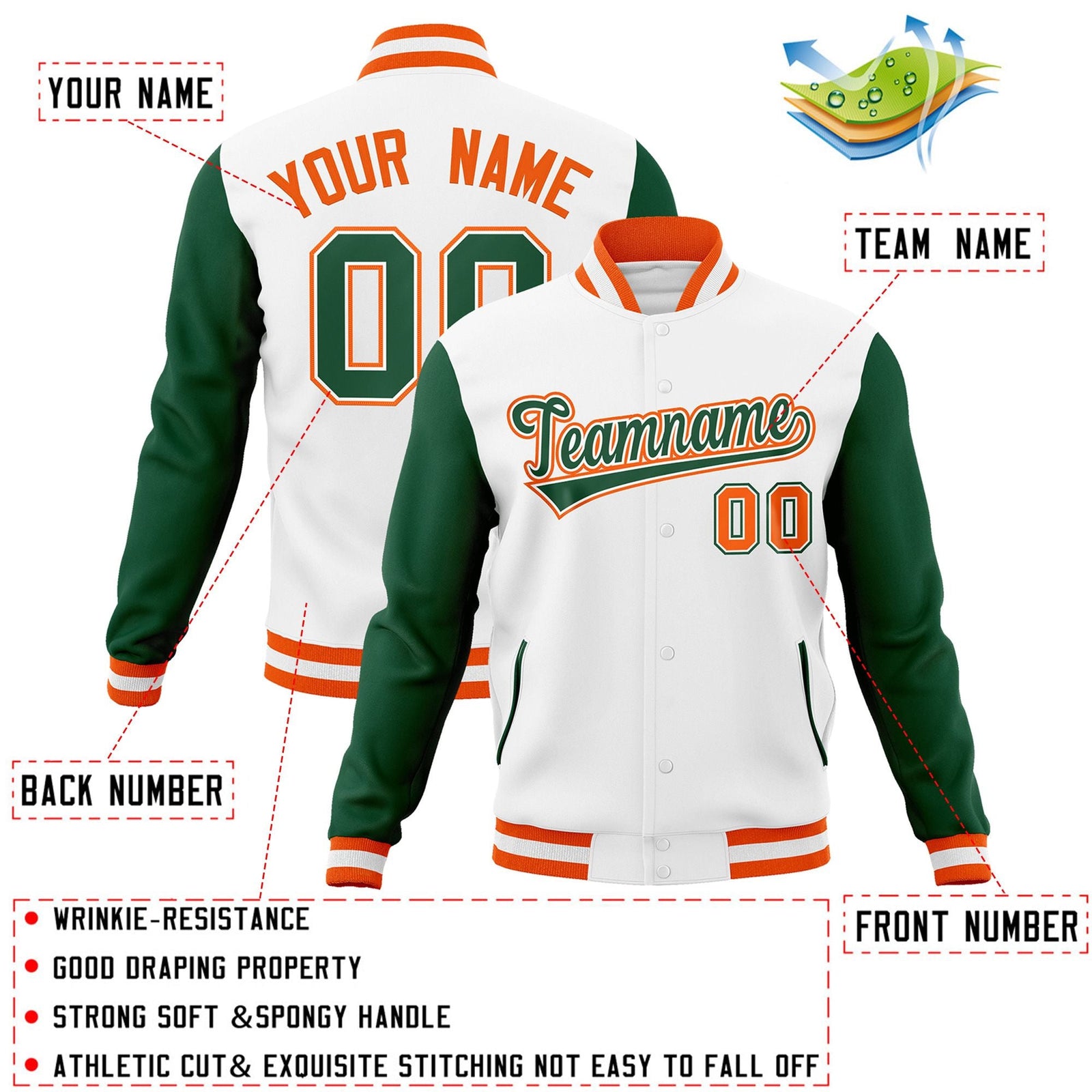 Custom White Green-White Raglan Sleeves Varsity Full-Snap Letterman Jacket