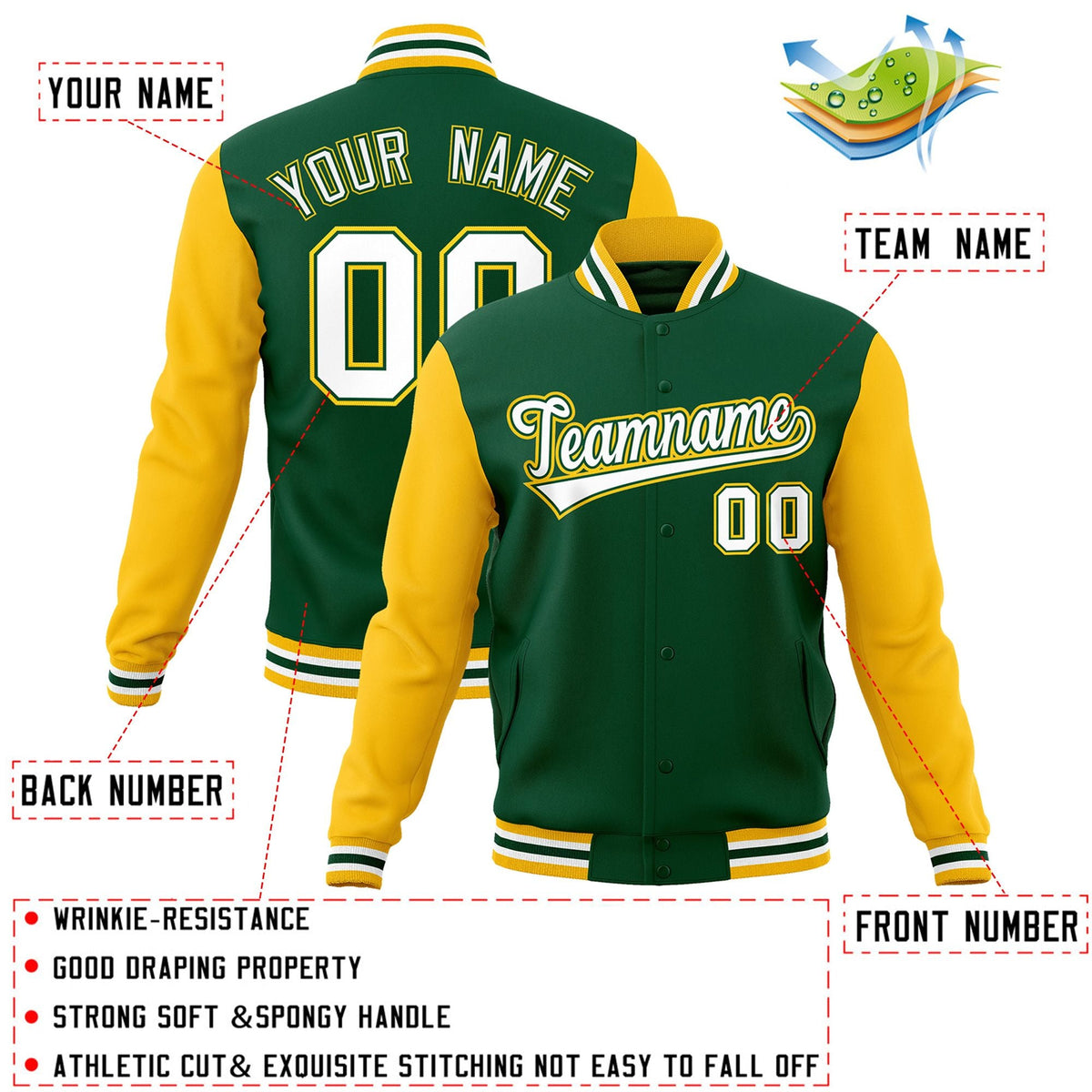 Custom Green White-Green Raglan Sleeves Varsity Full-Snap Letterman Jacket