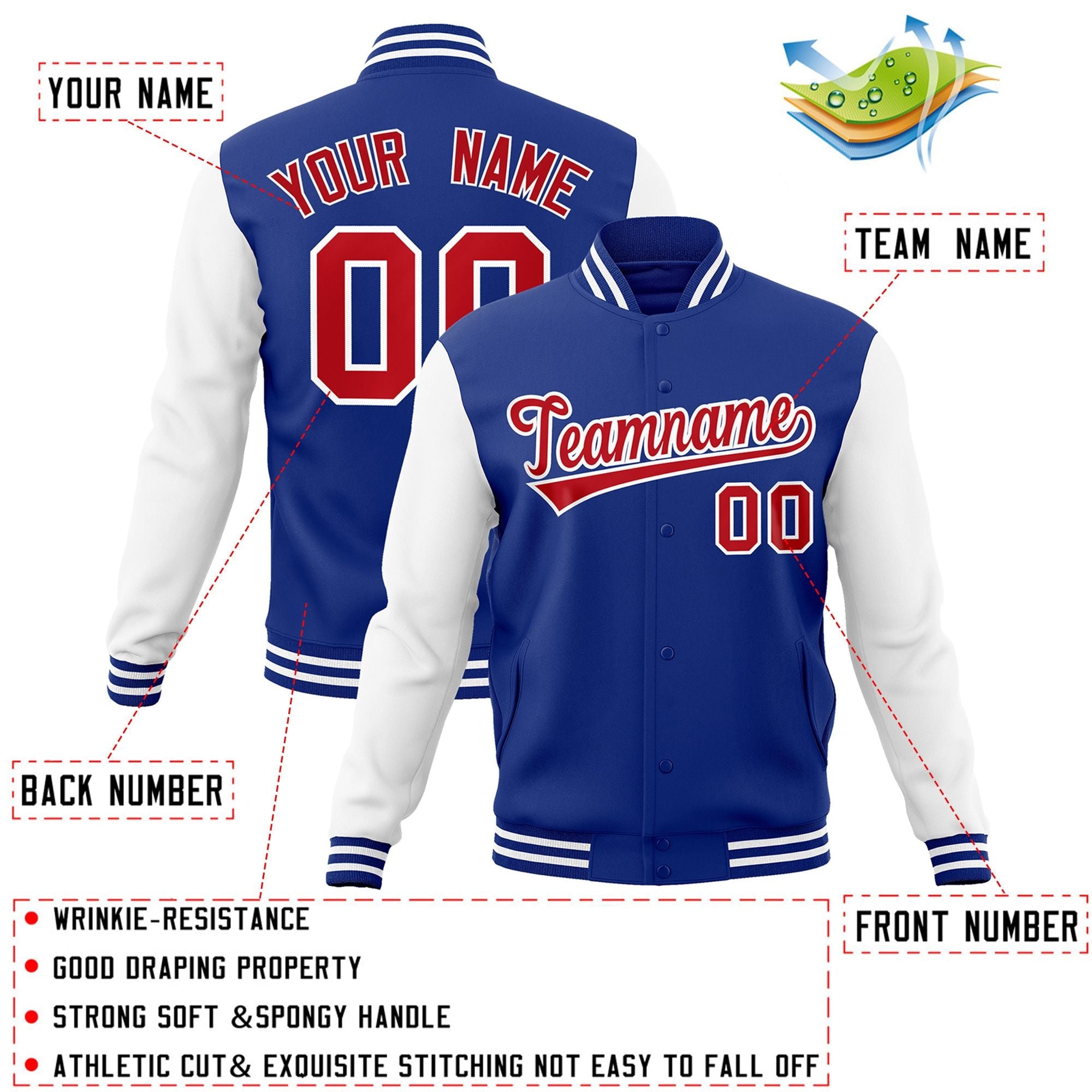 Custom Royal Red-White Raglan Sleeves Varsity Full-Snap Letterman Jacket
