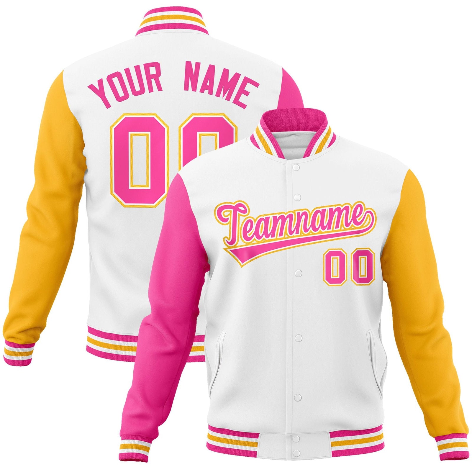 Custom White Pink-White Raglan Sleeves Varsity Full-Snap Letterman Jacket