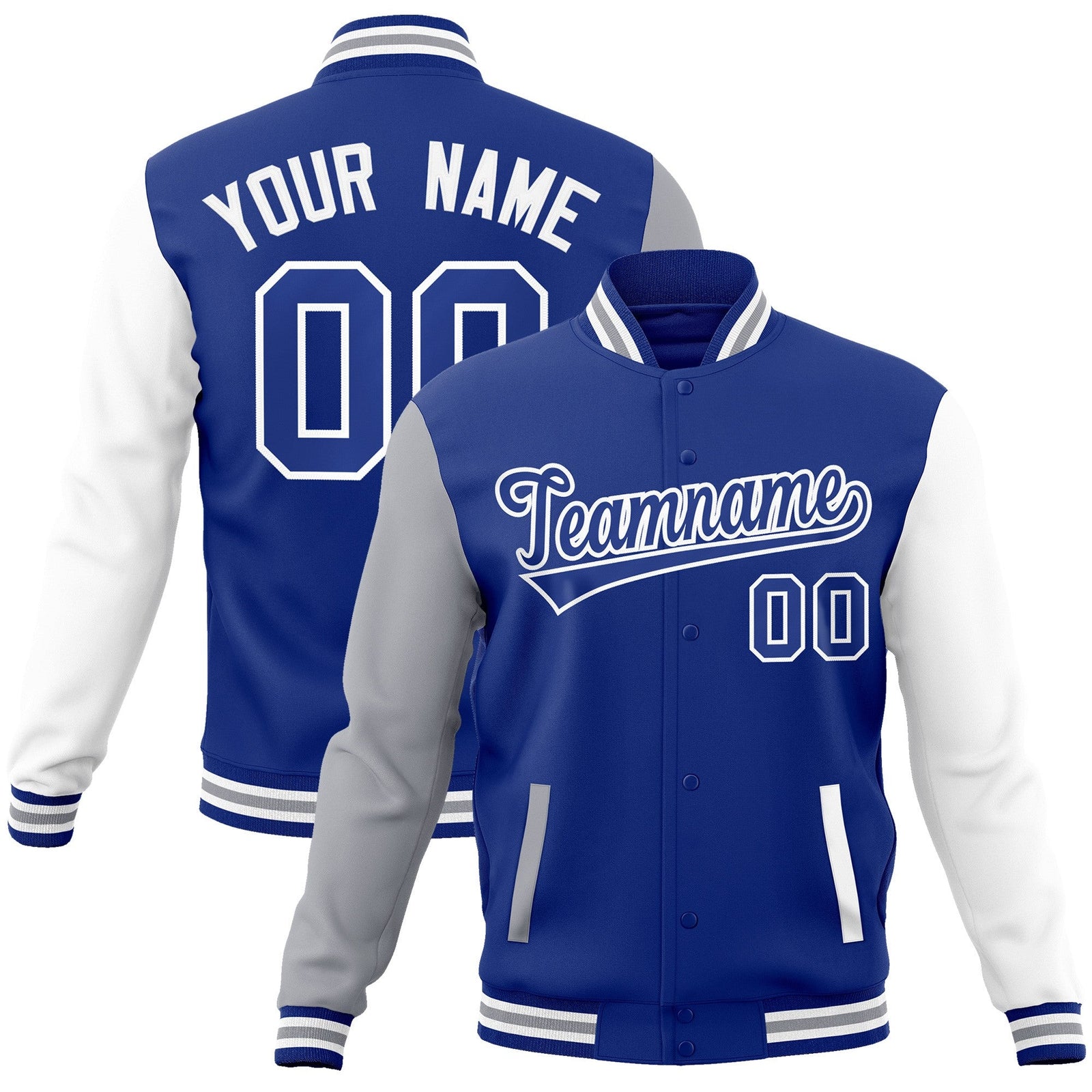 Custom Royal Royal-White Raglan Sleeves Varsity Full-Snap Letterman Jacket