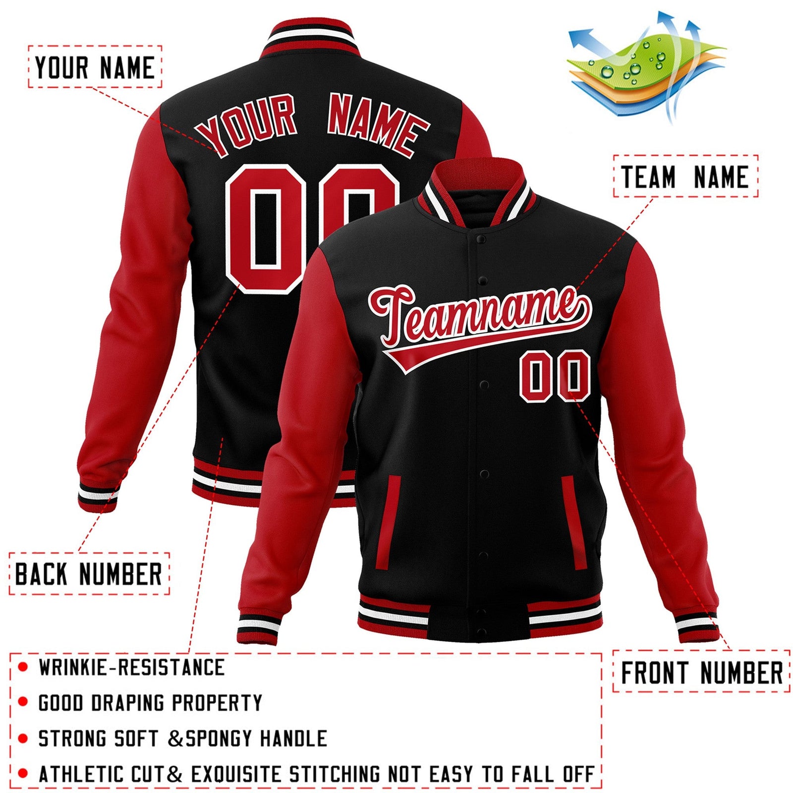 Custom Black Red-White Raglan Sleeves Varsity Full-Snap Letterman Jacket