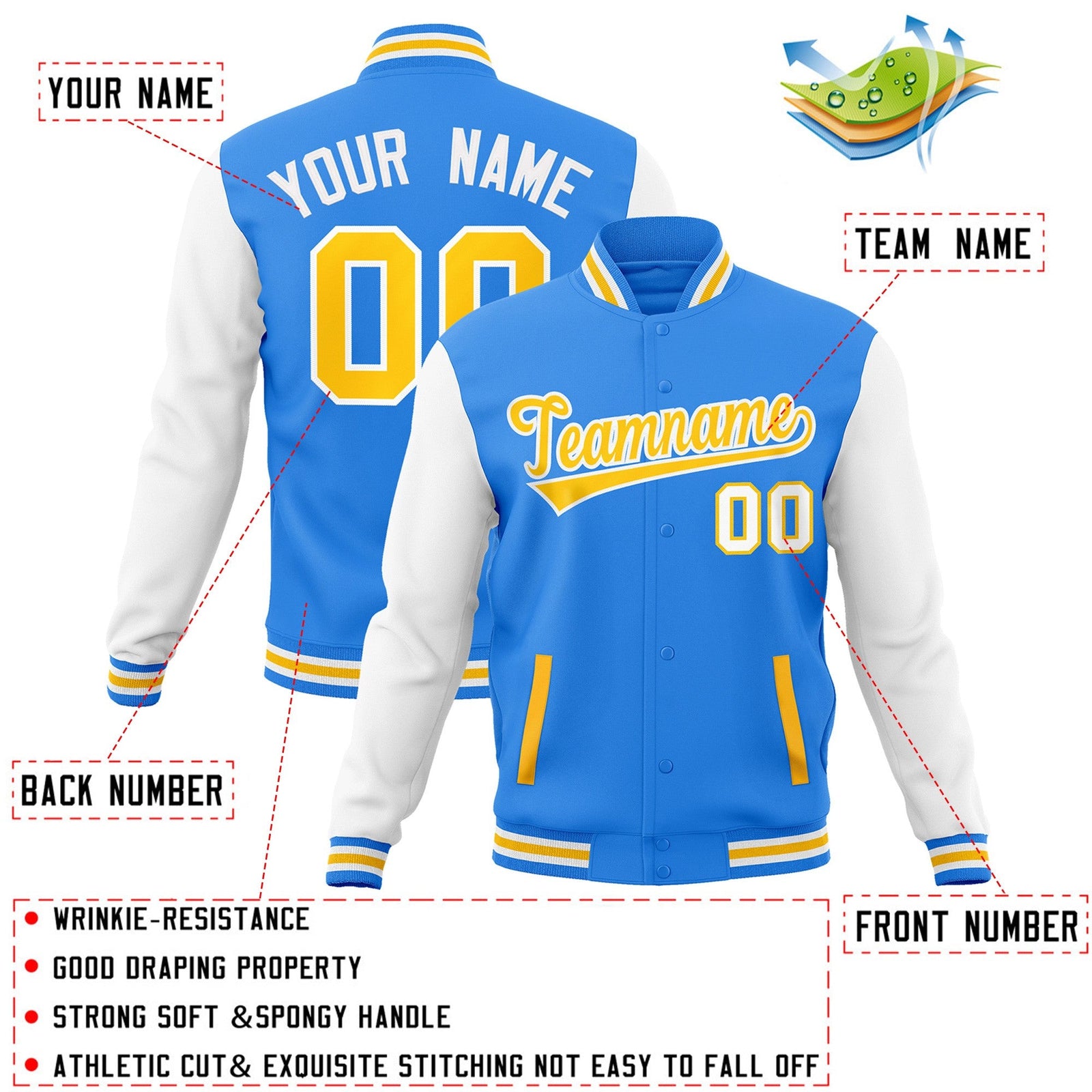 Custom Powder Blue Gold-White Raglan Sleeves Varsity Full-Snap Letterman Jacket