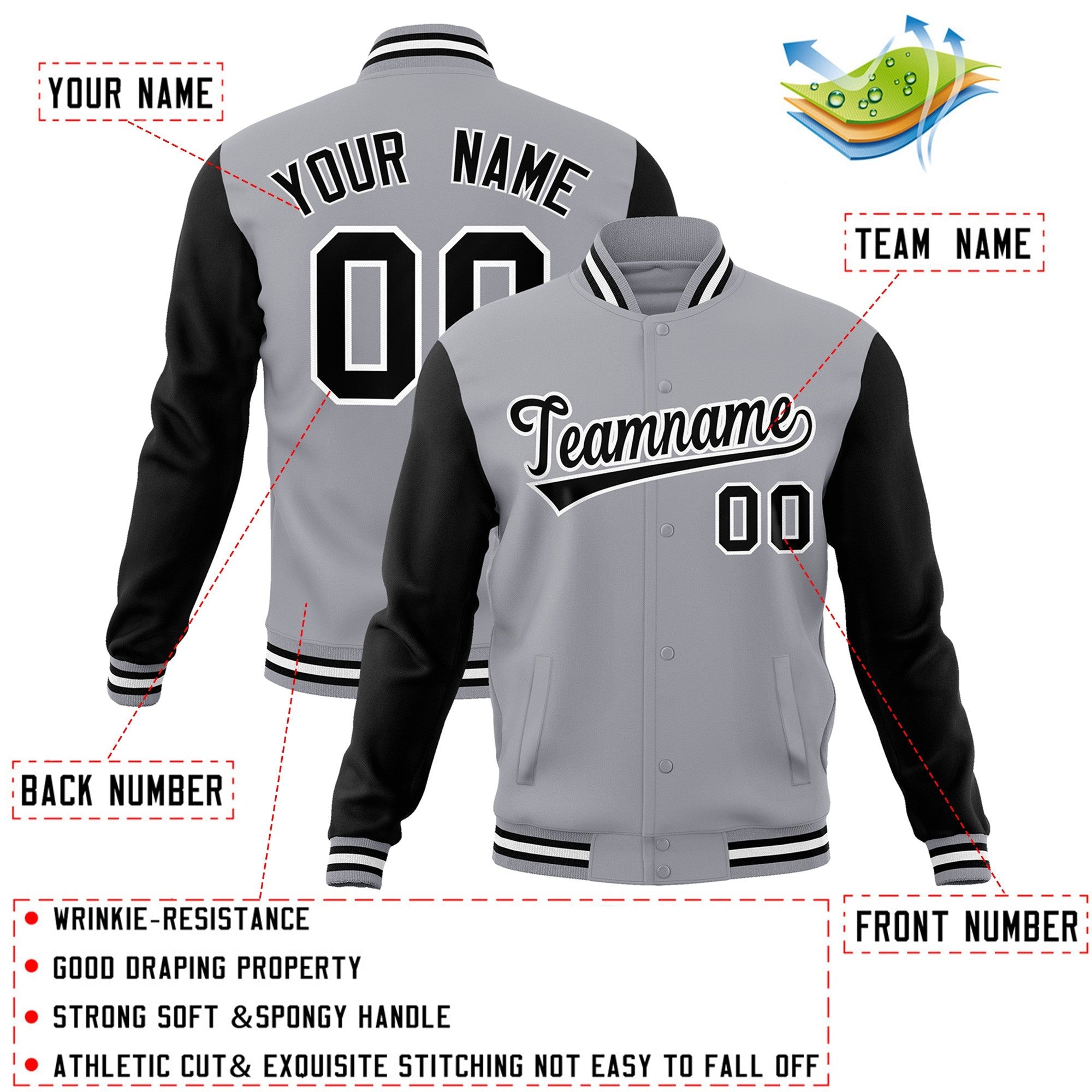 custom gray and black varsity full snap letterman jacket maker