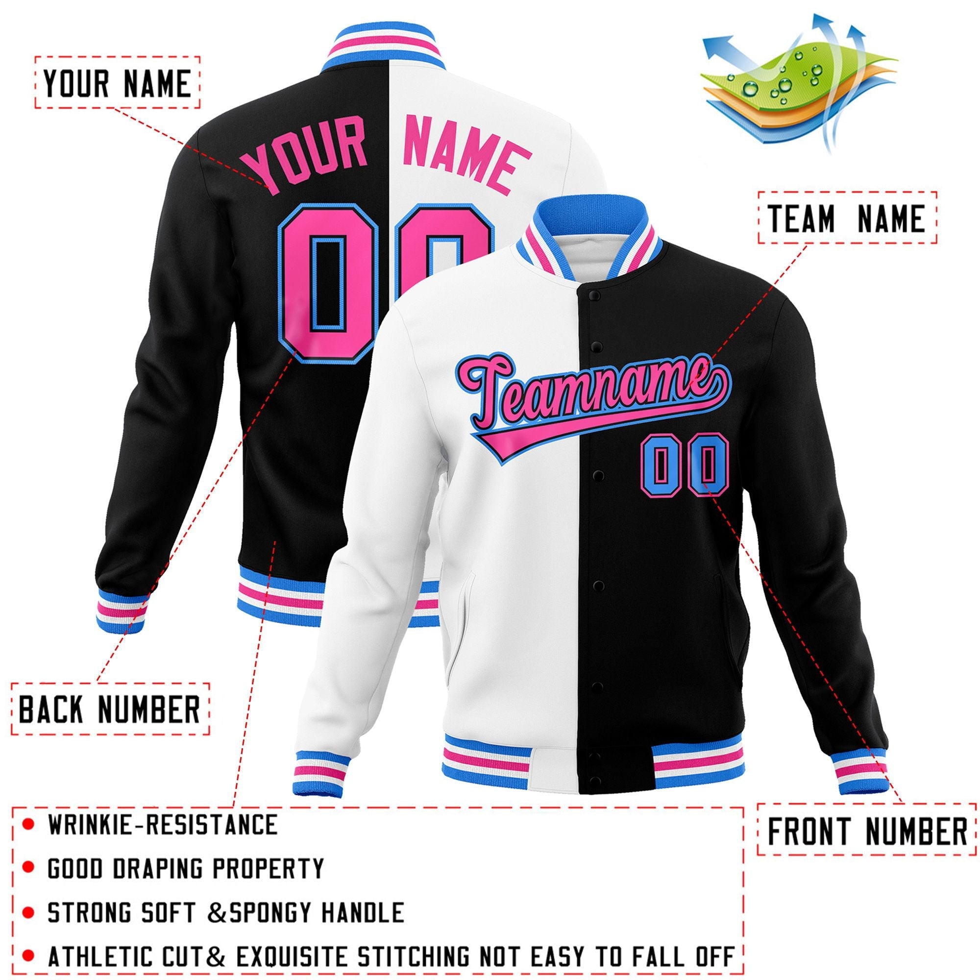 Custom White Black-Pink Varsity Full-Snap Letterman Two Tone Split Fashion Jacket