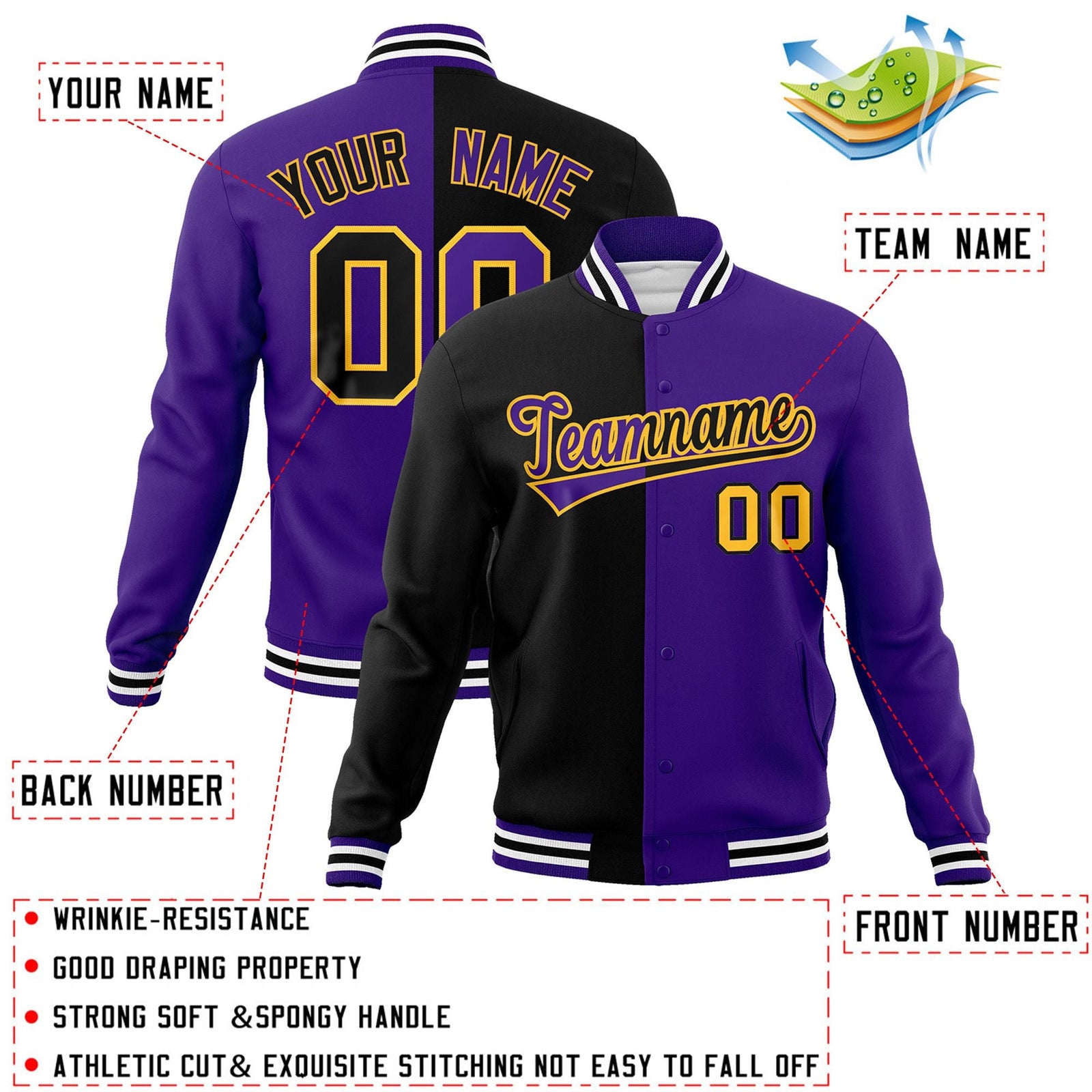 Custom Black Purple-Purple Varsity Full-Snap Letterman Two Tone Split Fashion Jacket